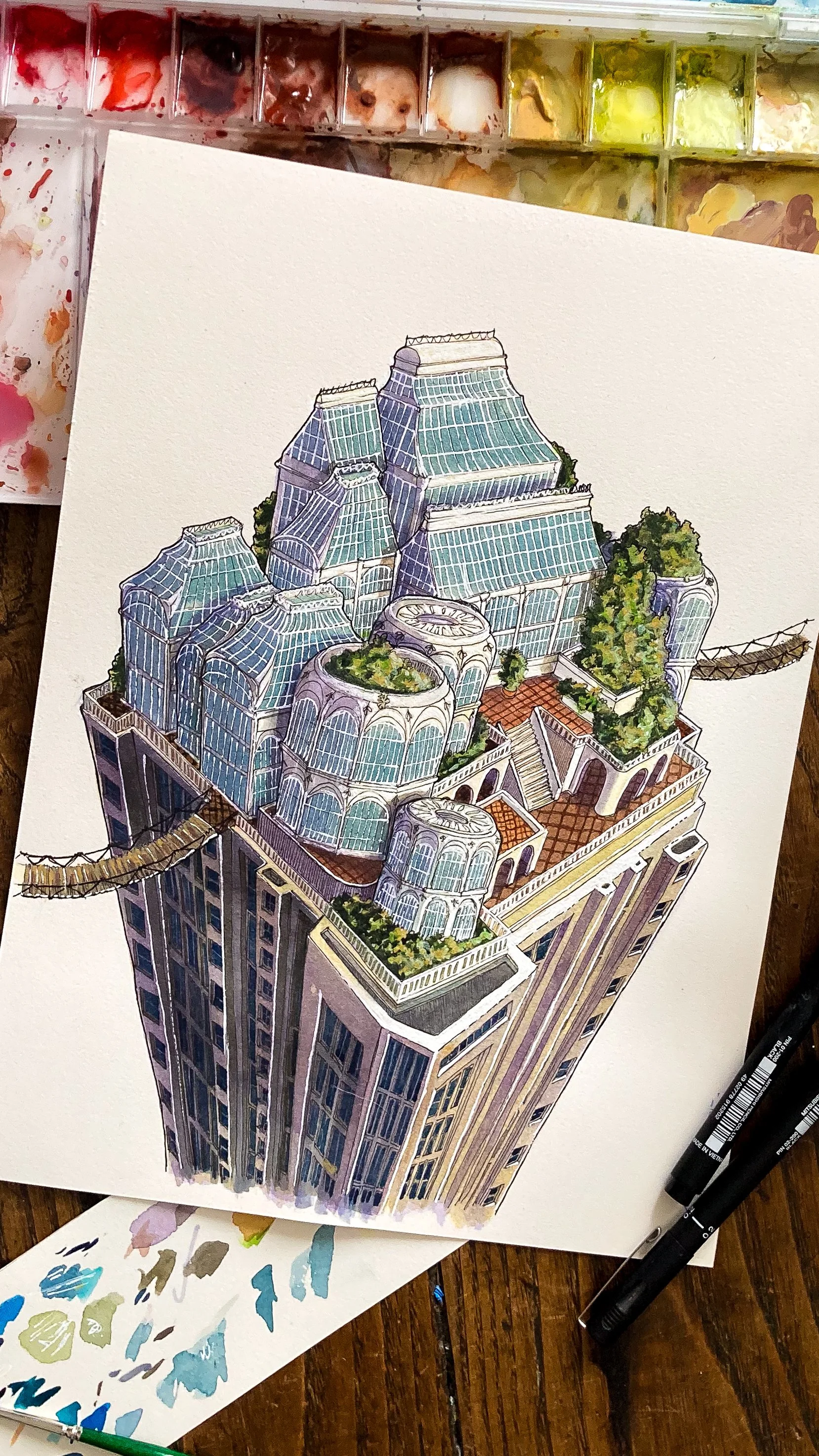 Une illustration d'un gratte-ciel avec des verdes, des structures en verre et des ponts suspendus.