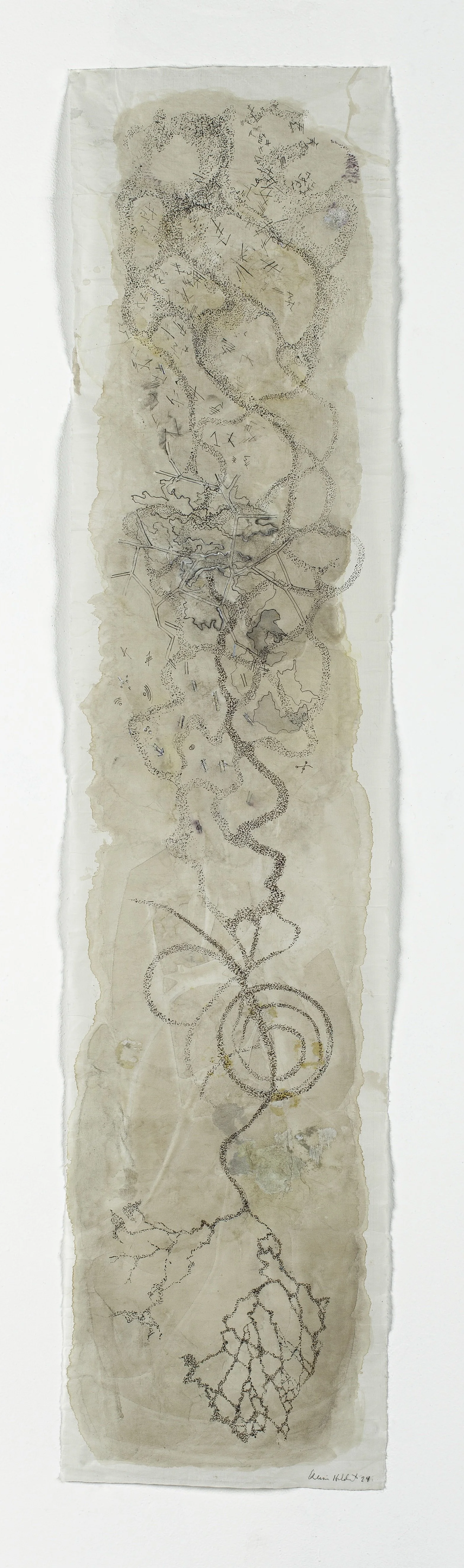 River 4, Pen and Ink and Wash on Kitakata Paper, 56 x 12.75 in., 2024