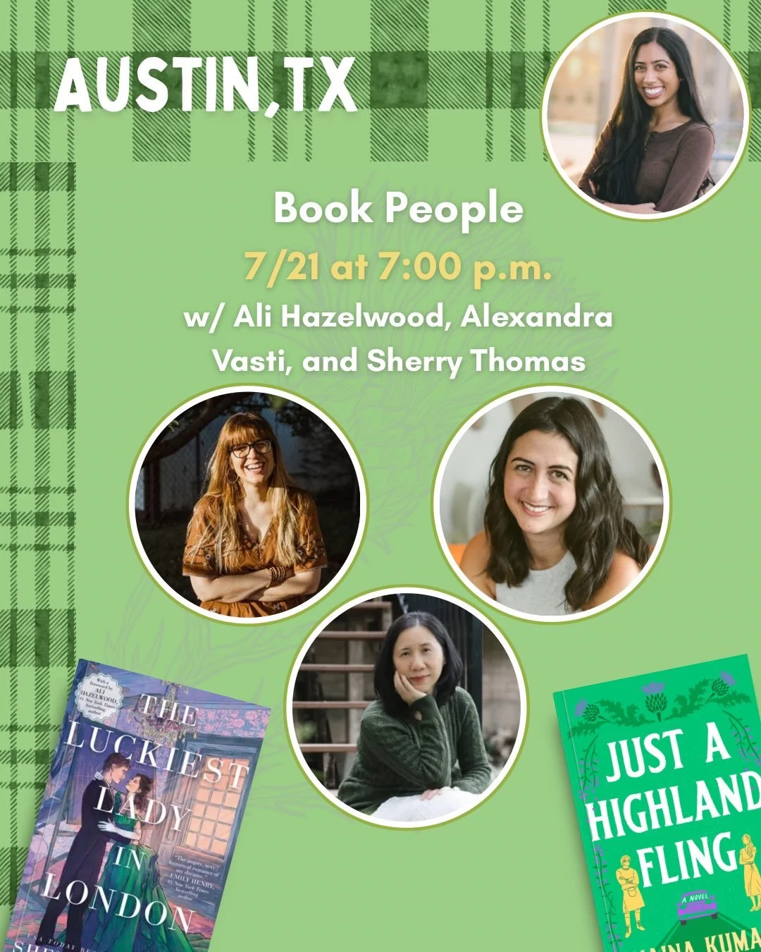 AUSTIN!!! Come hang out with us on July 21st for the launch of Just a Highland Fling!! 💚

And what an absolute JOY to share a pub day with @writersherrythomas!! The Luckiest Lady in London is one of my all-time favorite romance novels, and I can&rsq