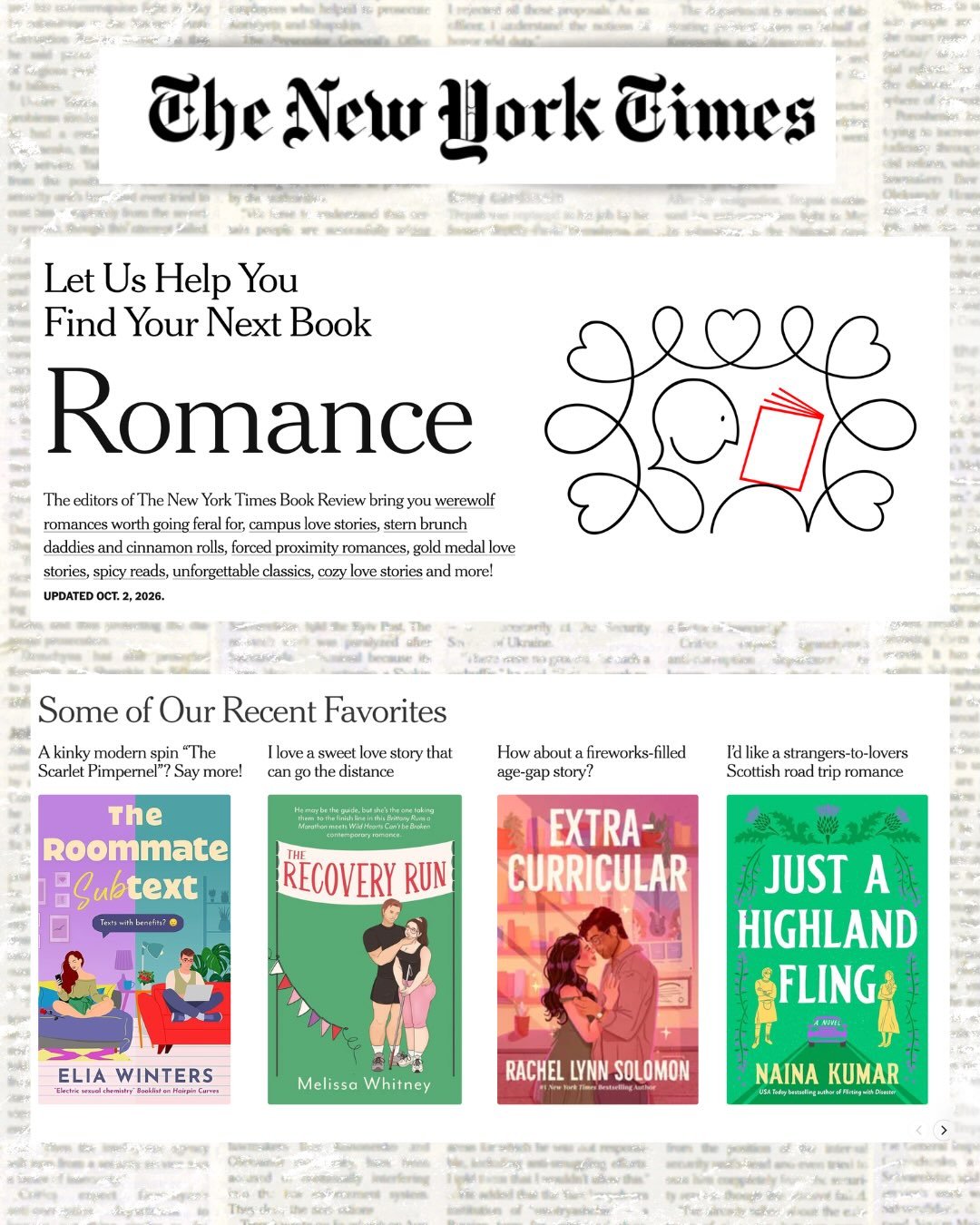 so delighted to see Just a Highland Fling in this interactive feature from the New York Times! 💚

available now! a romance set in the Scottish highlands featuring a bagpiper, a wedding, and a road trip to find a runaway bride!