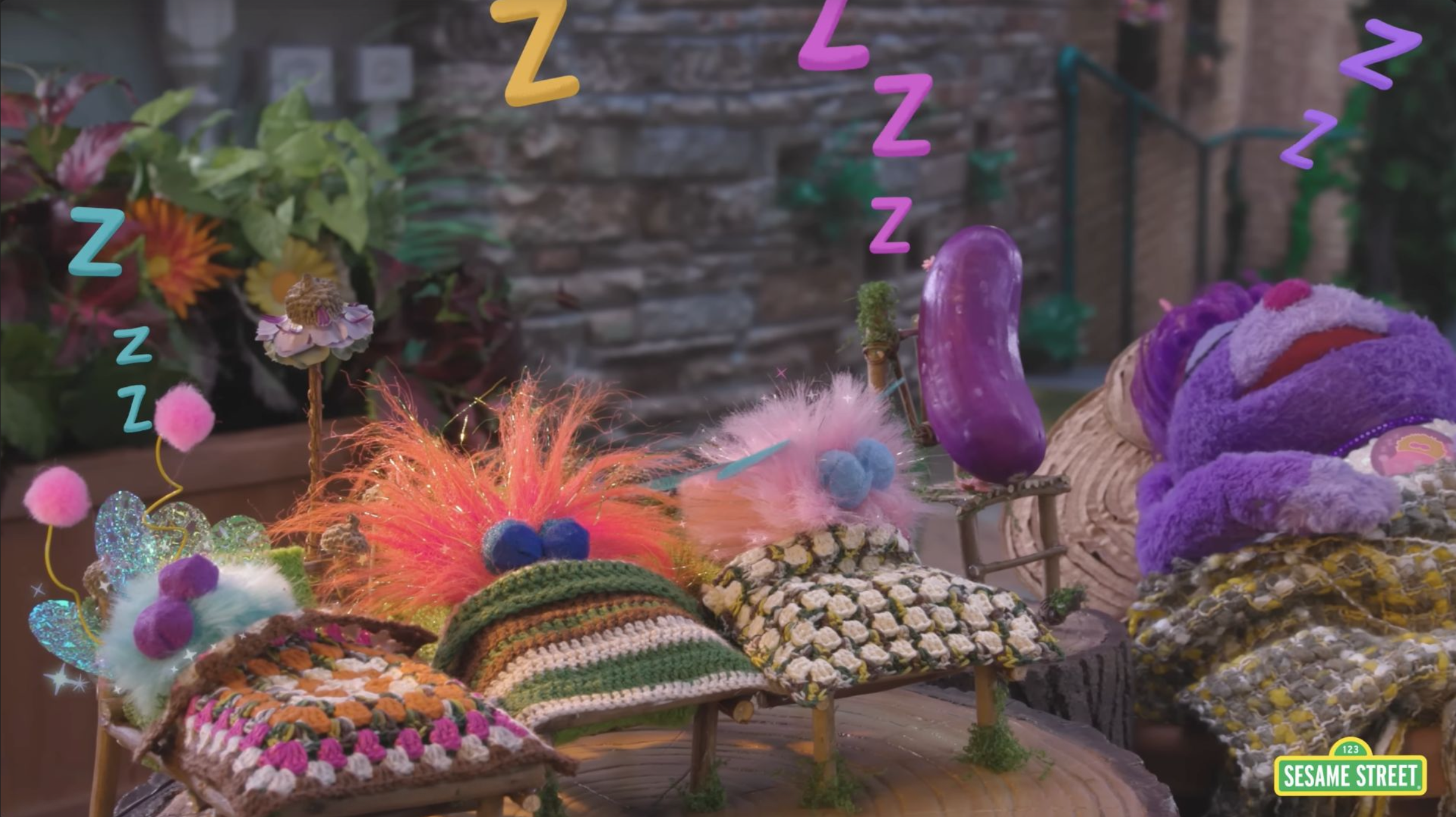 Sesame Street Abby’s Garden YT Interactive 
~ built fairy beds, crocheted mini blankets, scenicked large stump, built & painted mini stump
