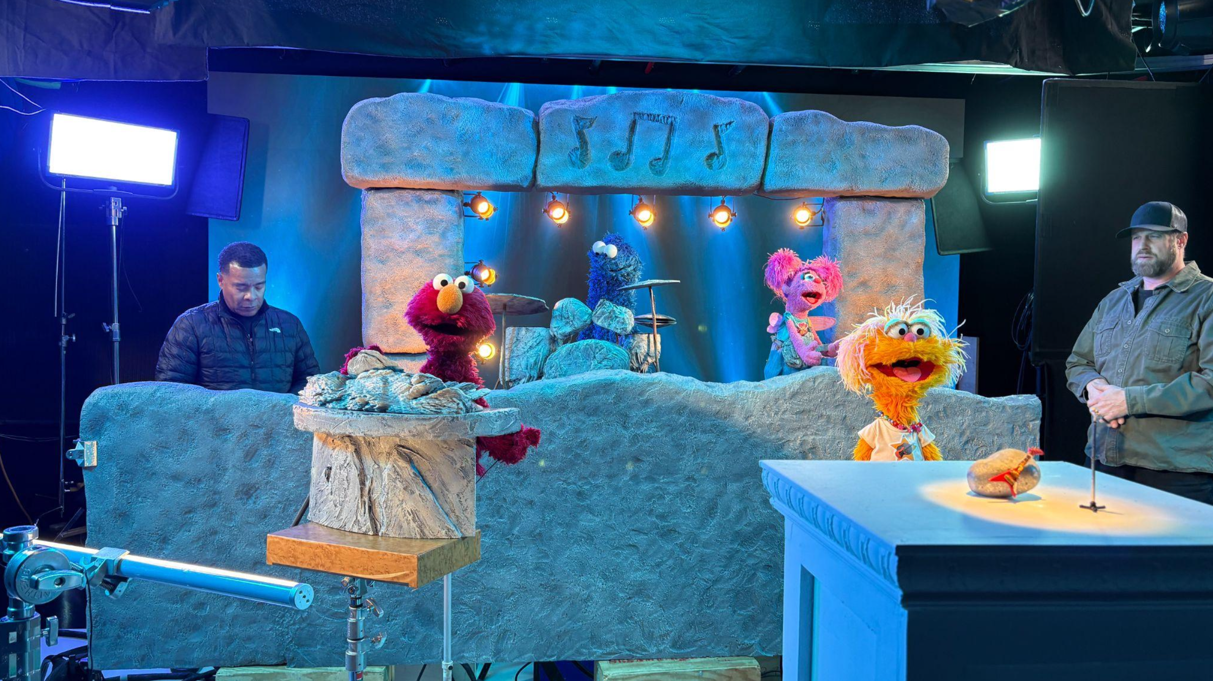 Sesame Street Rocco & Roll Music Video
~ Carved foam with hot knife, then rasped to smooth and add texture; painted and weathered rock formation and flat wall
