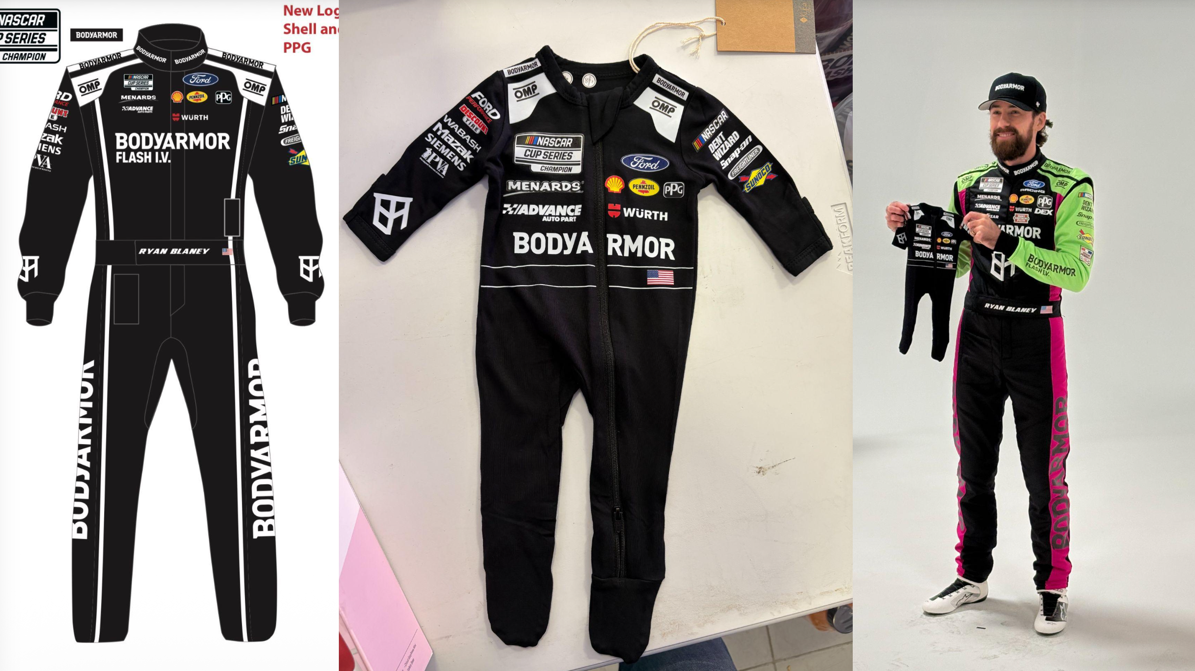 Bodyarmor x Ryan Blaney Commercial
~ Cut & ironed Onesie for Ryan’s newborn to match his Race suit