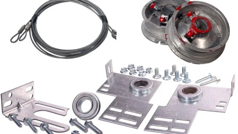 garage door hardware kit including cables, pulleys, brackets, and screws