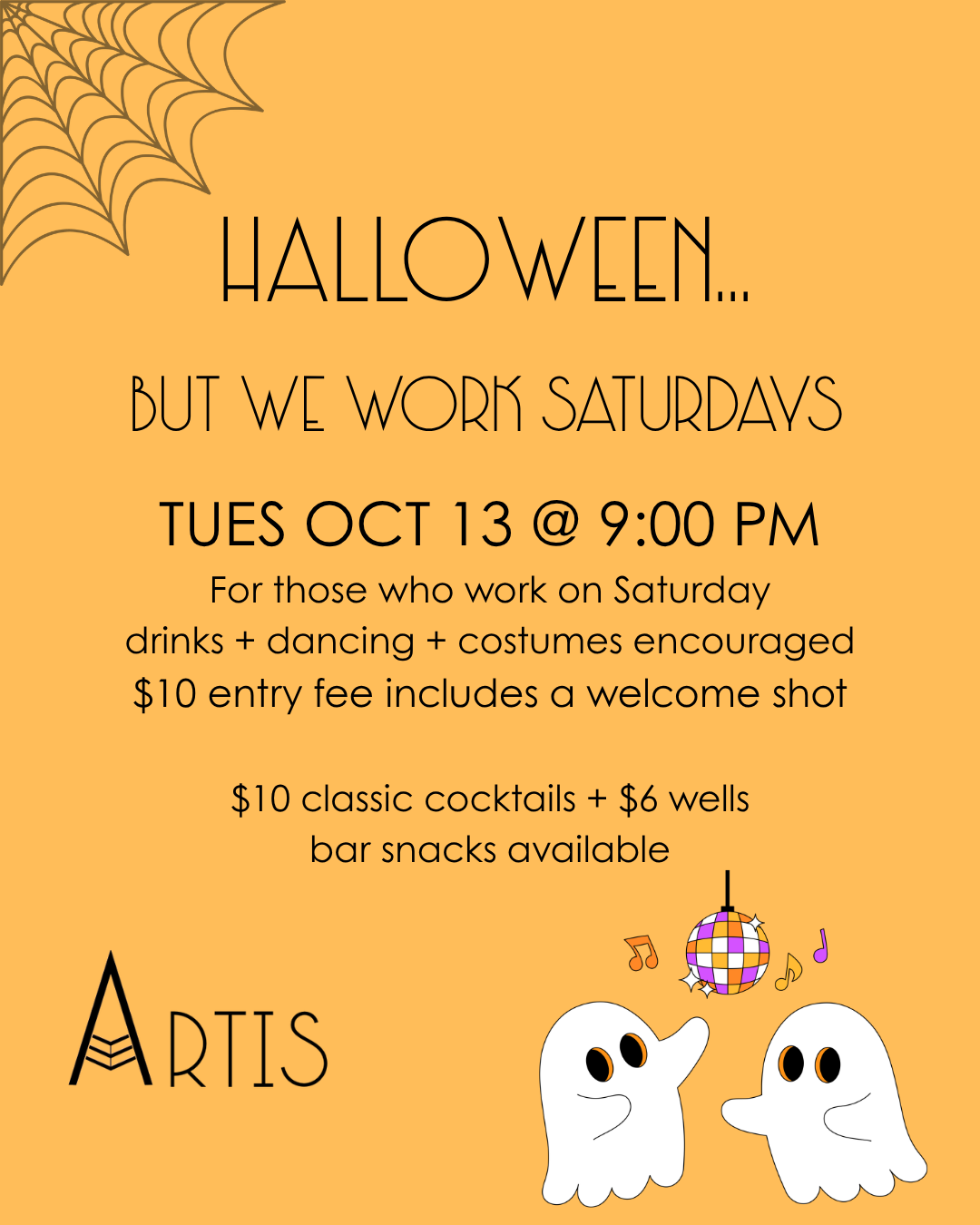 Halloween-themed flyer. Text promotes a Halloween event on October 13 at 9:00 PM, geared towards industry workers with details about drink deals, dancing, costumes, and bar snacks.