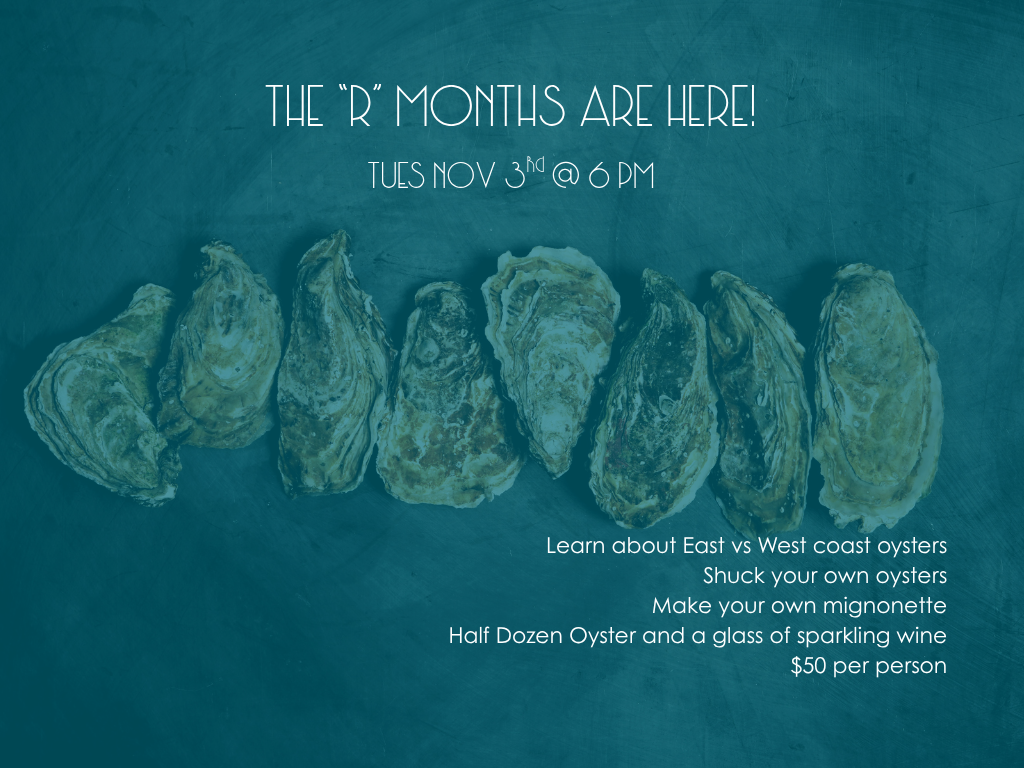 Event poster for an oyster shucking class on Nov 3