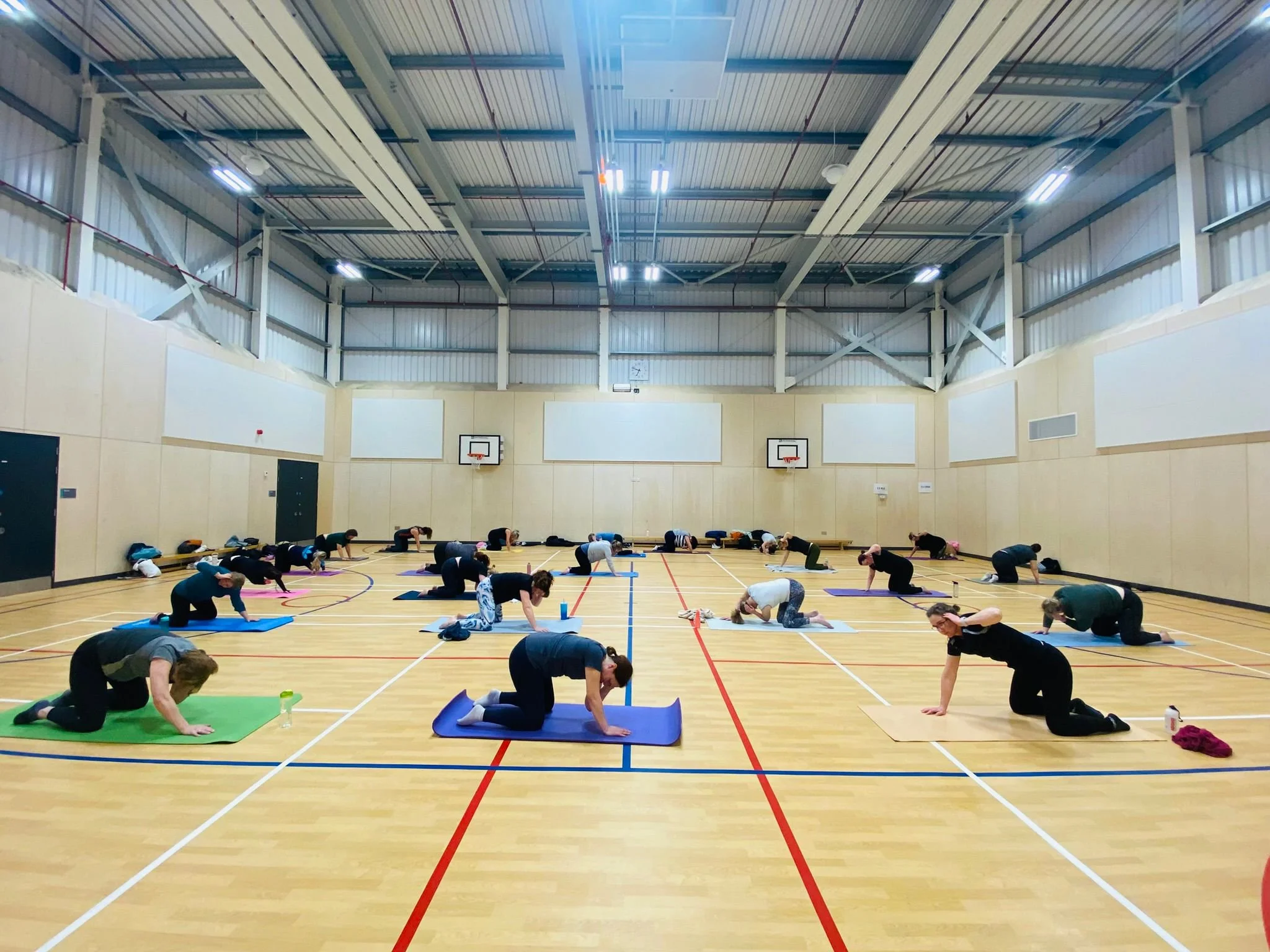 Group of people doing yoga or stretching exercises on mats inside a gymnasium with basketball hoops.