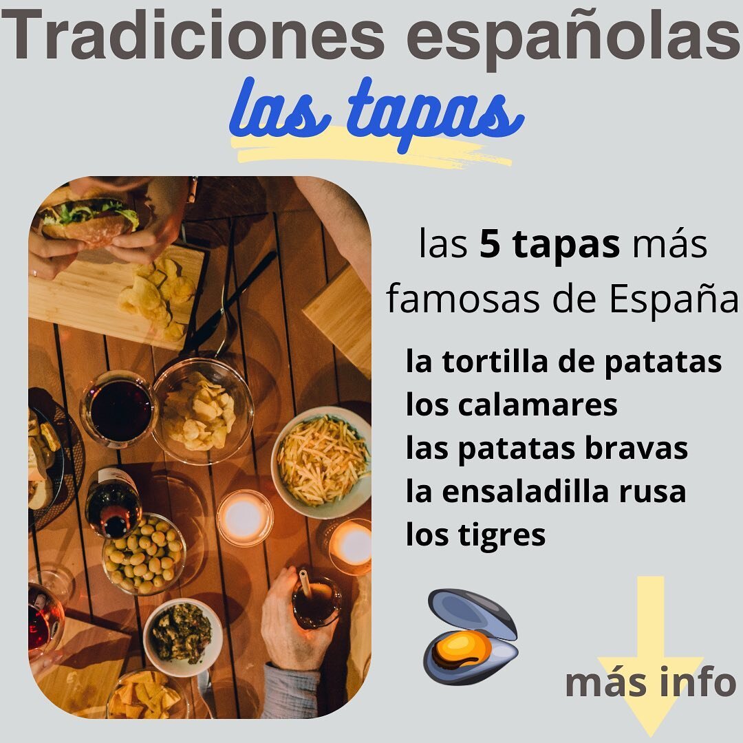 Meer weten? Tekst in het Spaans en in het Nederlands ⬇️

La cocina espa&ntilde;ola es conocida por sus tapas. Las tapas son peque&ntilde;as raciones de comida, generalmente, t&iacute;pica del pa&iacute;s o zona. Algunas tapas var&iacute;an seg&uacute