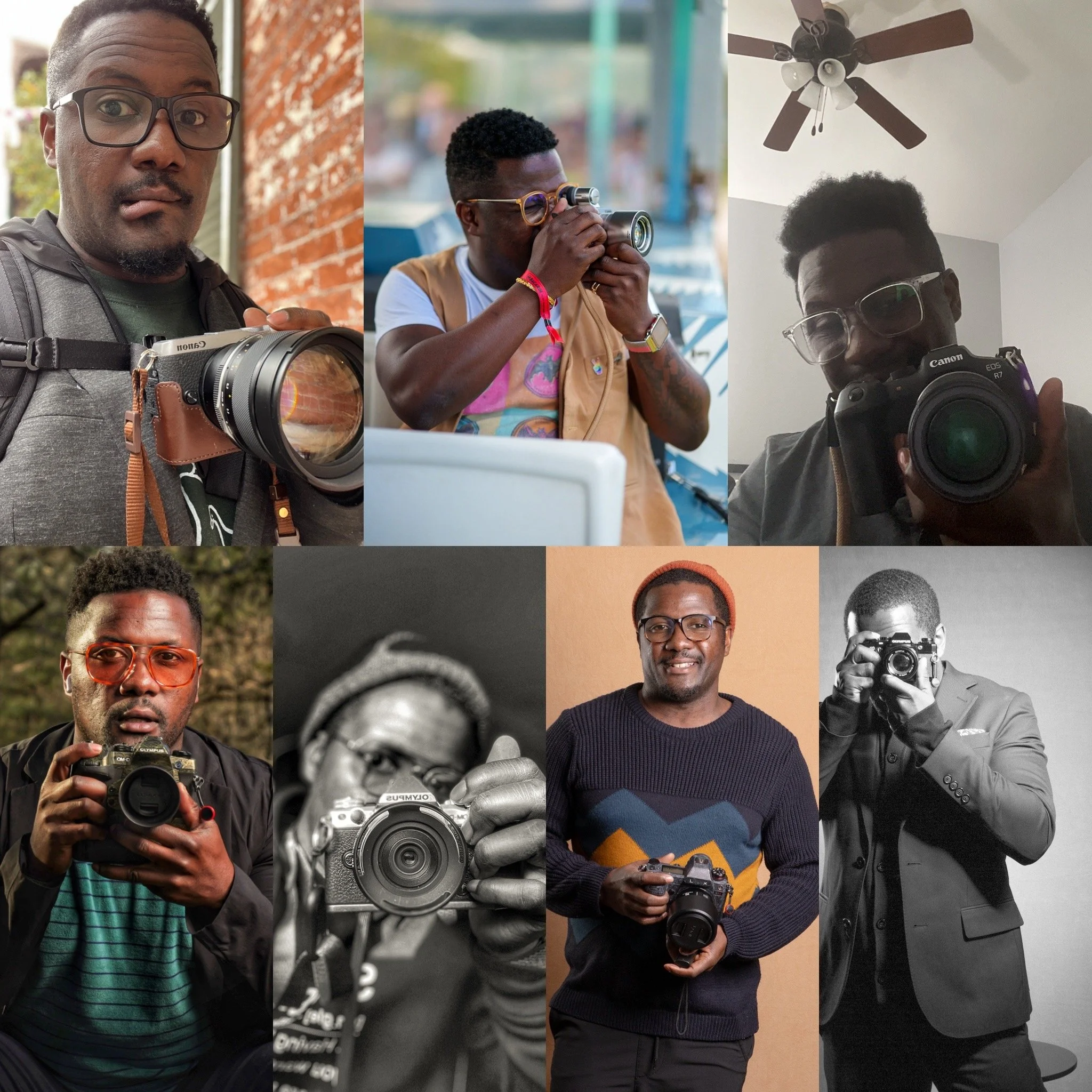 Multiple men holding cameras, taking pictures of themselves, in different settings, some indoors, some outdoors.