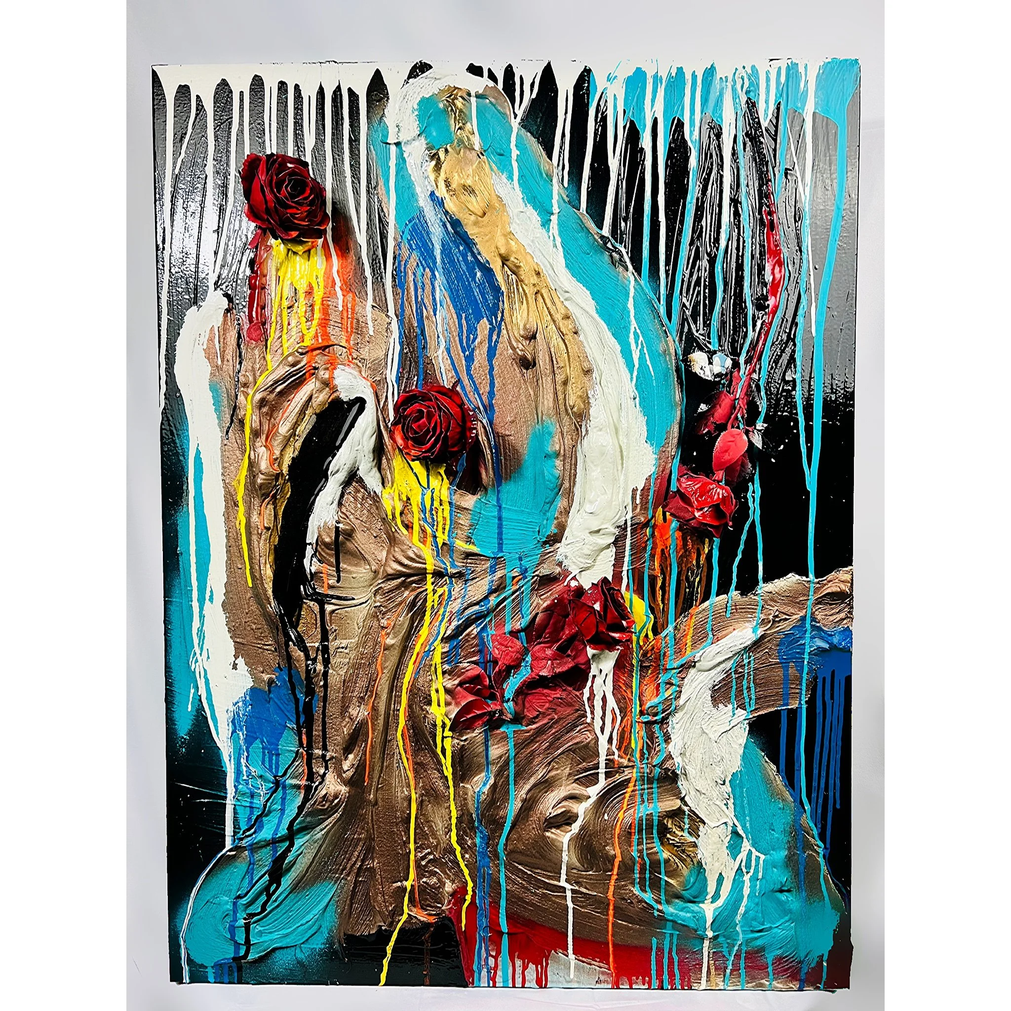 Abstract painting of two human profiles with vibrant colors, roses, and paint drips.