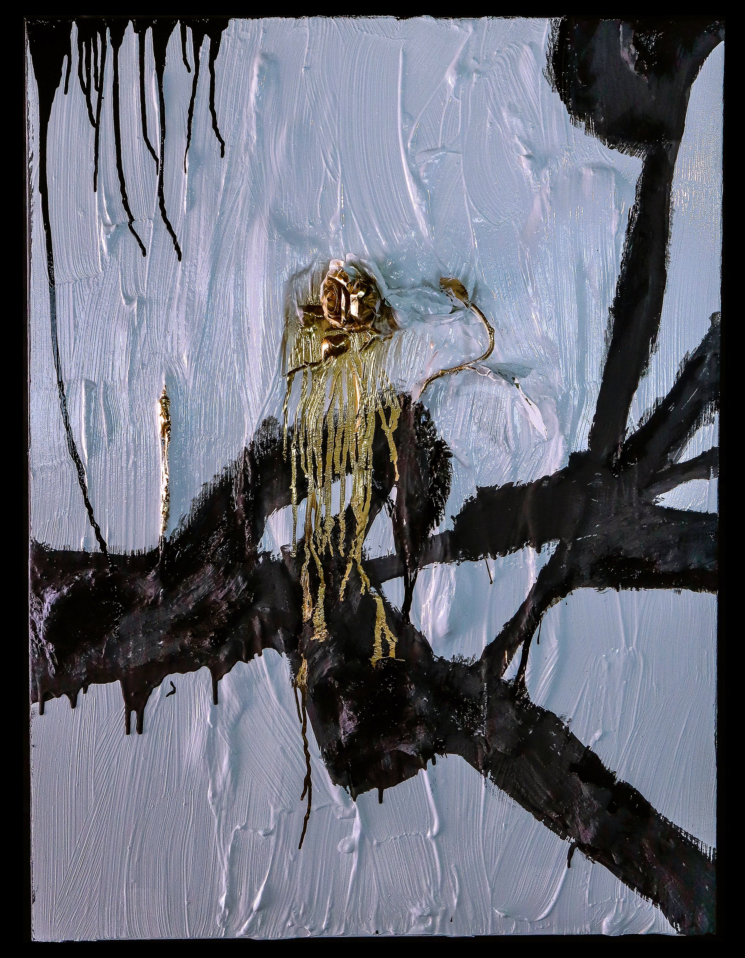 Abstract painting featuring black and gold paint on a textured silver background, resembling a dark, twisted tree branch.