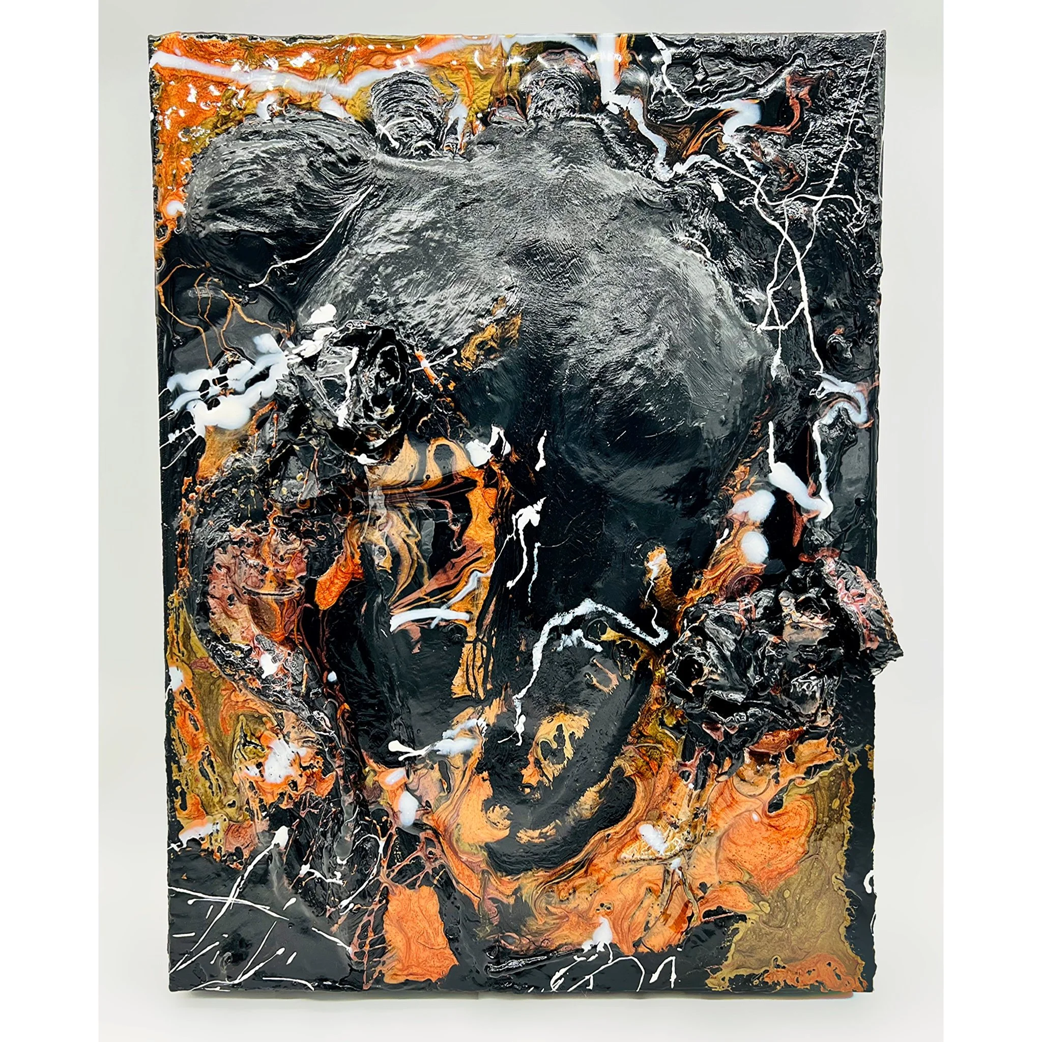 Abstract painting of a black woman with textured hair, using black, orange, white, and gold colors.