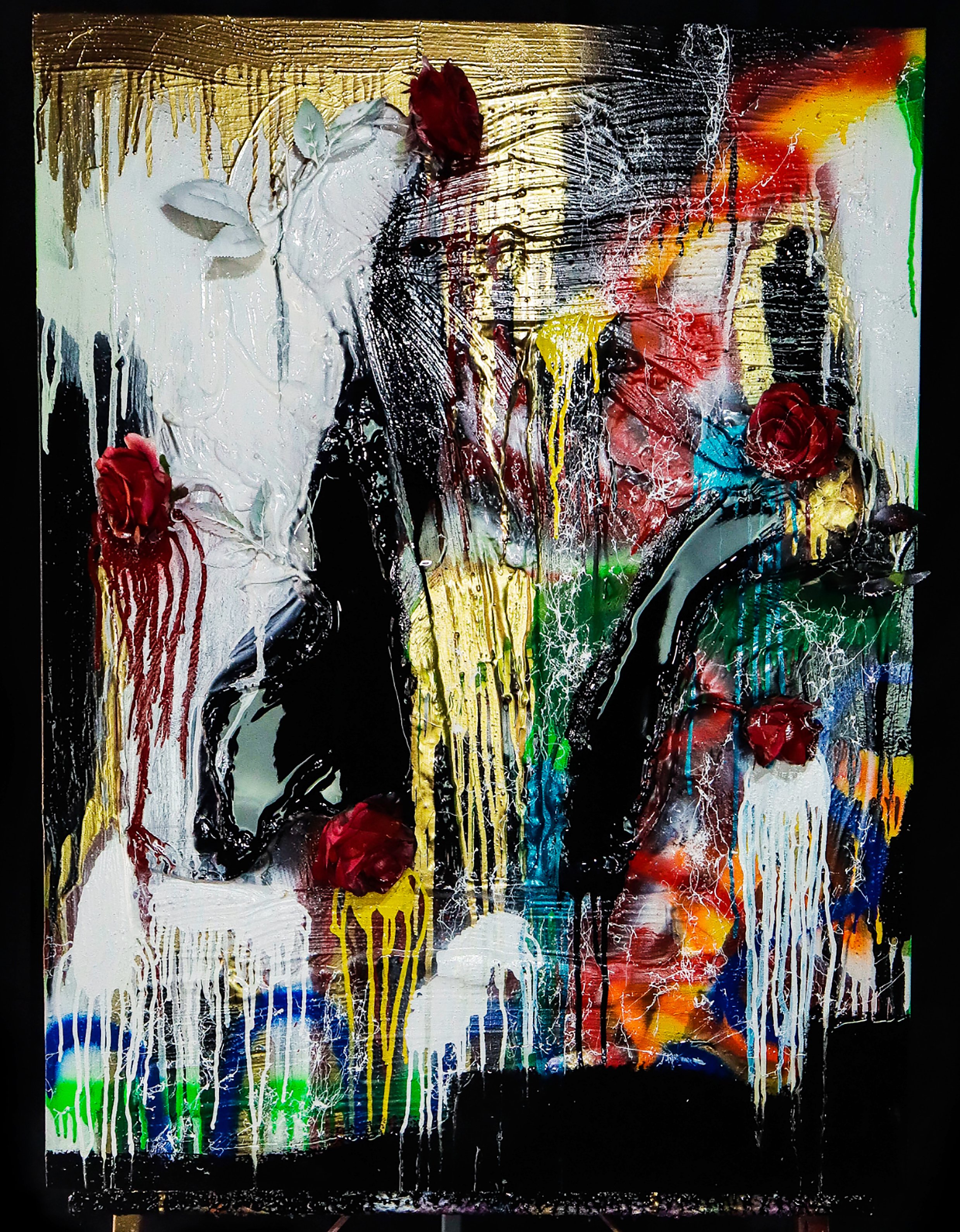 Abstract painting featuring black dog silhouettes, red roses, and colorful drips and splatters, with a textured background.