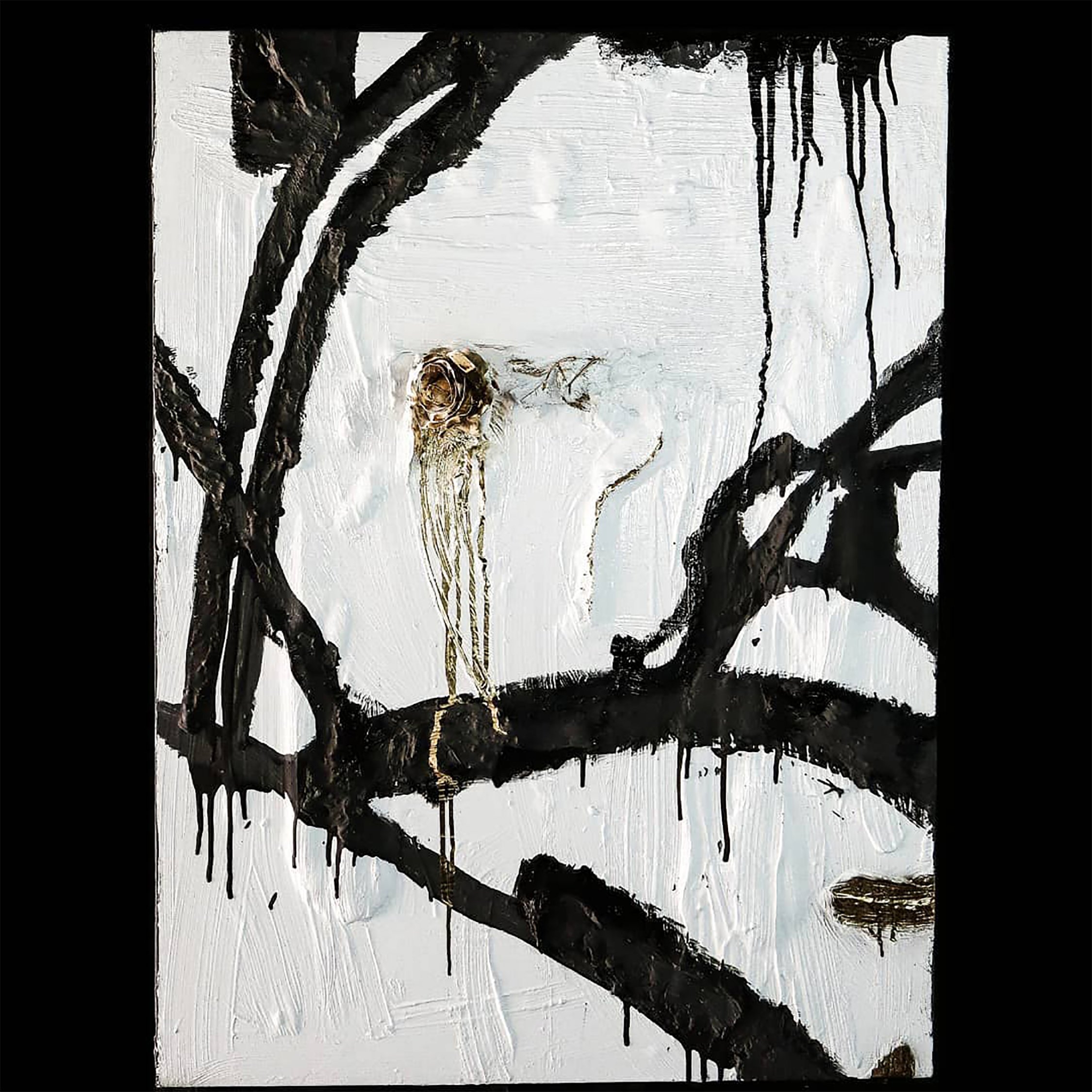 Abstract painting featuring thick black tree branches on a white background, with a skull-like shape made of gold and beige tones in the center.
