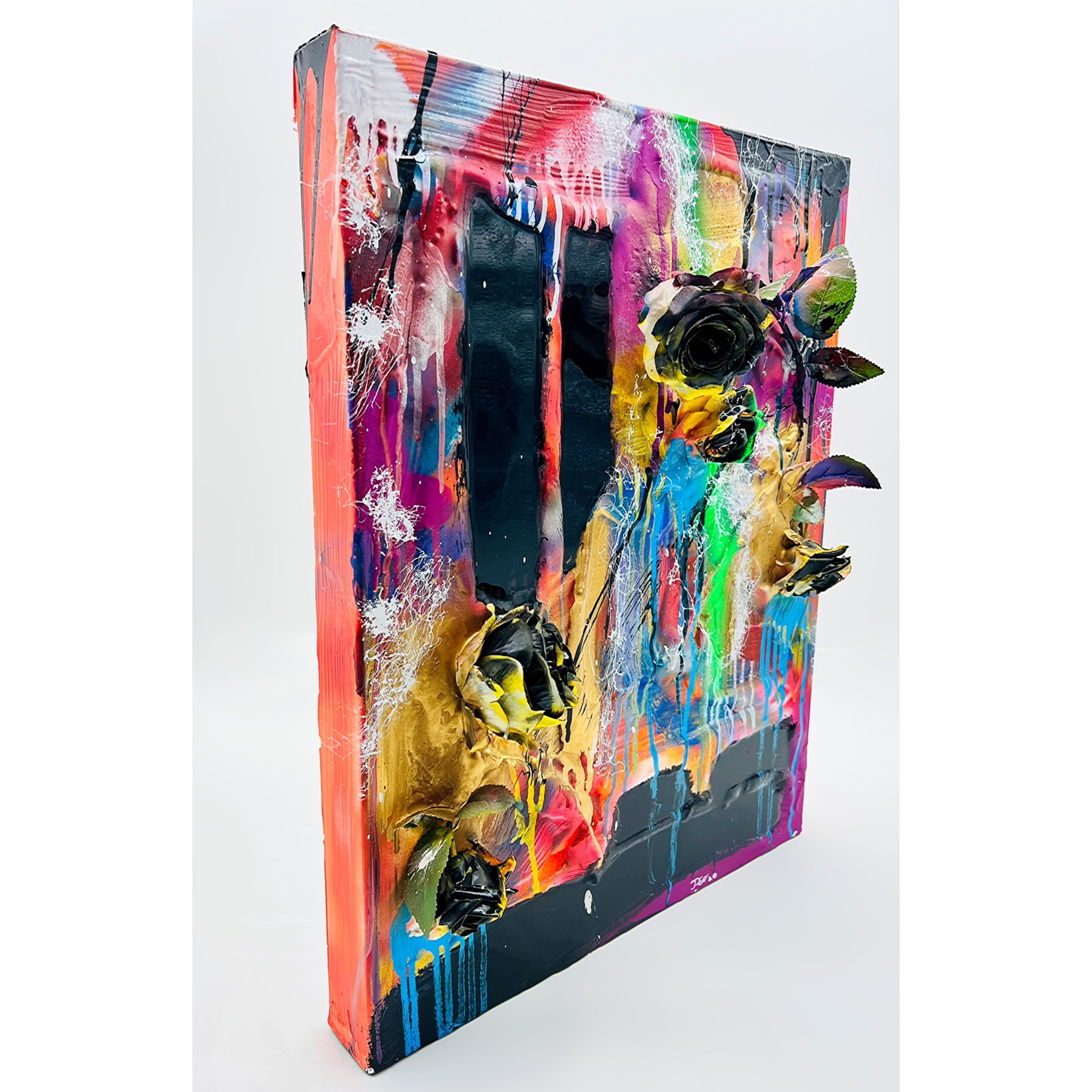 Mixed media abstract artwork with vibrant colors, textured black roses, and dripping paint.