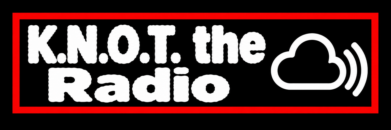 Logo for K.N.O.T. the Radio with bold white text on black background, red border, and a white cloud icon with radio waves.