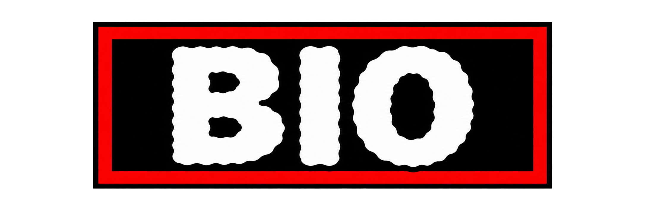 The word 'BIO' in bold white letters on a black background, outlined with a red border.