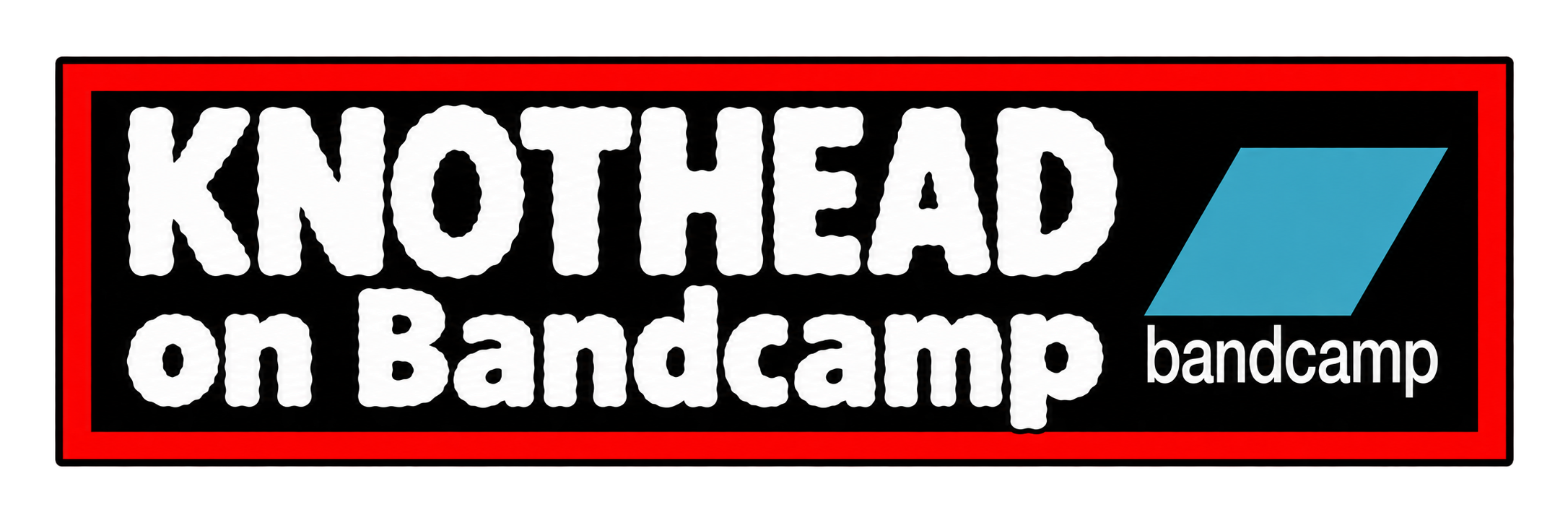 Bandcamp logo with the words 'KNOTHEAD on Bandcamp' in large white text on a black background and a blue geometric shape, framed with a red border.