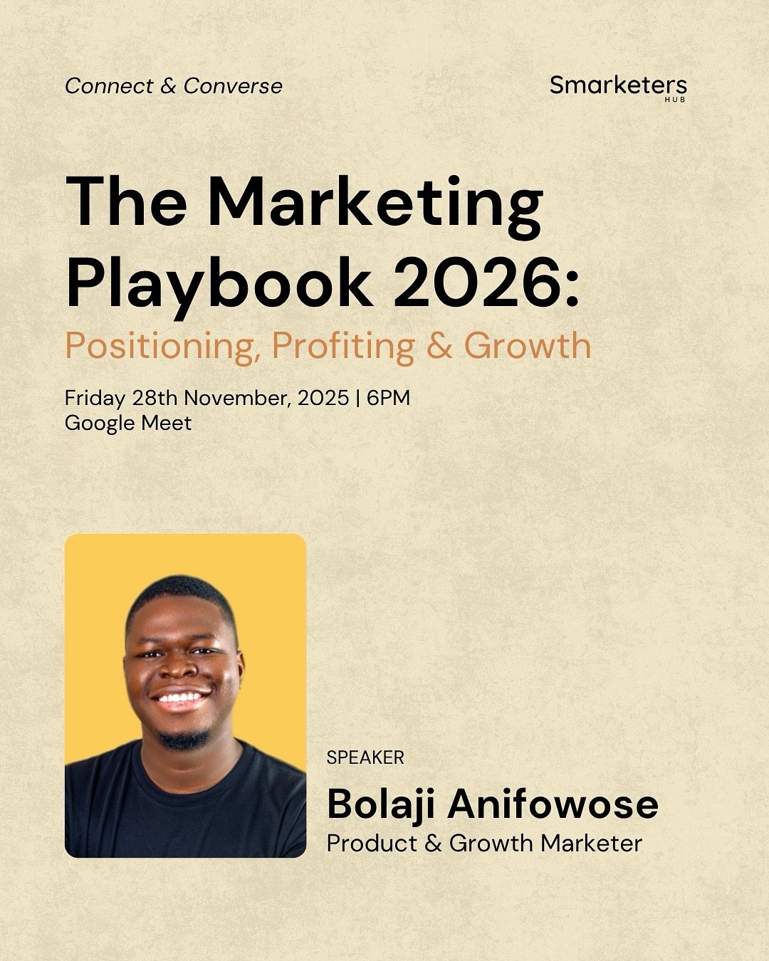 Meet your speaker Bolaji Anifowose, @itsmoveek 

Bolaji Anifowose is a Product Marketing Manager and GTM Engineer with over 5 years experience in helping tech and B2B SaaS companies grow smarter.

His work and insights have been featured on HubSpot, 