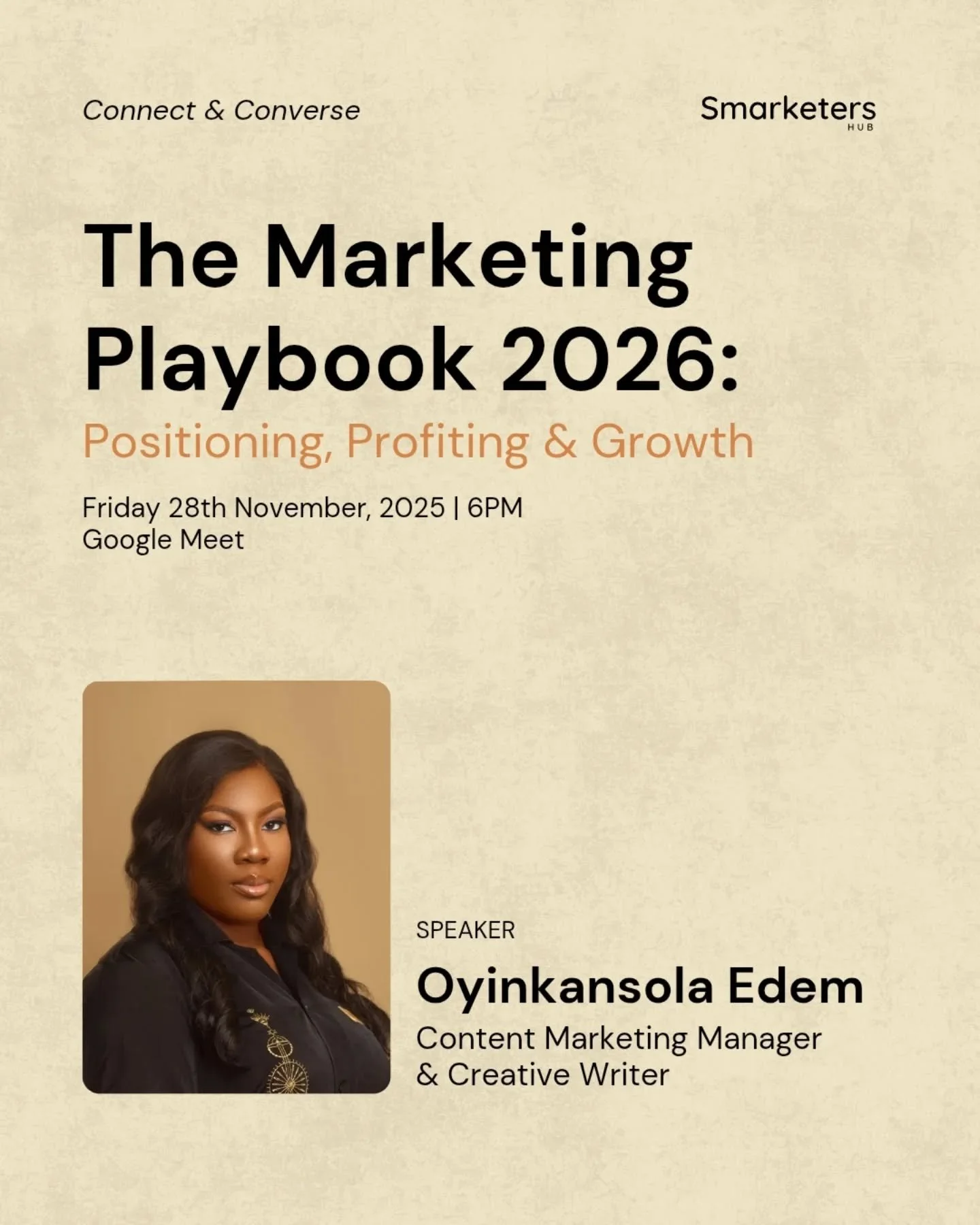 Meet your speaker @thegraceola .

Oyin is a content marketer with over five years of experience in executing campaigns for SaaS and fintech brands like Animalz, Circle and Daleel.

A born storyteller, she is also a self-published author and career an