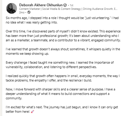 A screenshot of a LinkedIn post written  by a volunteer from cohort 2 of the volunteer program
