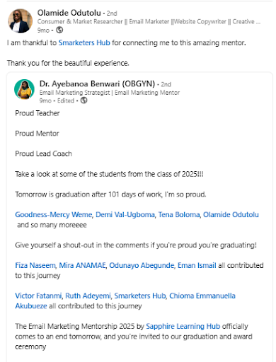 A screnshot of a LinkedIn post from a community member who benefited from a partner-led scholarship