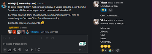 A Slack thread that got members expressing what the Smarketers Hub community means to them