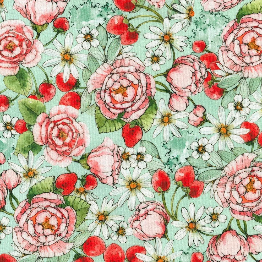 Robert Kaufman Wishwell:Strawberry Season - Seafoam
