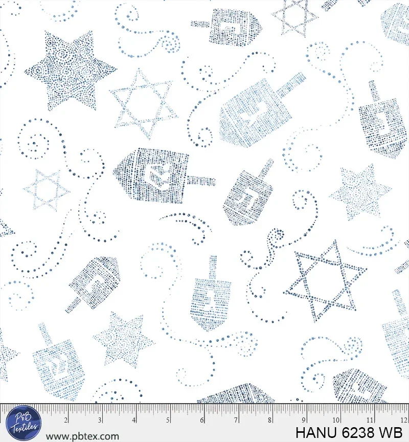 P&B Textiles Hanukkah Lights - Tossed Dreidels and Stars of David - White