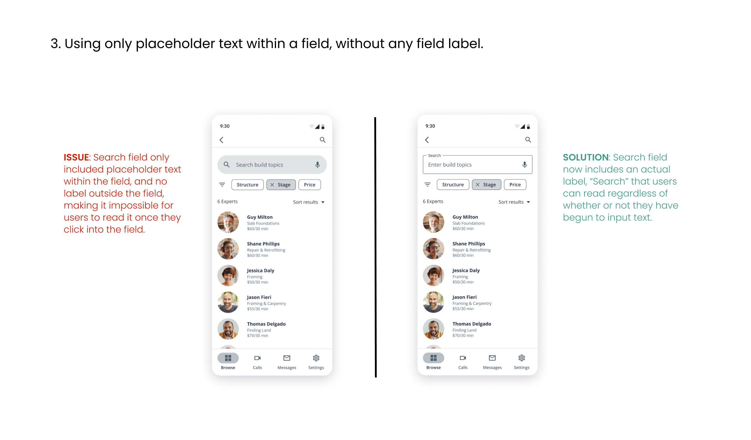 Accessibility placeholder text in field issue and solution screens