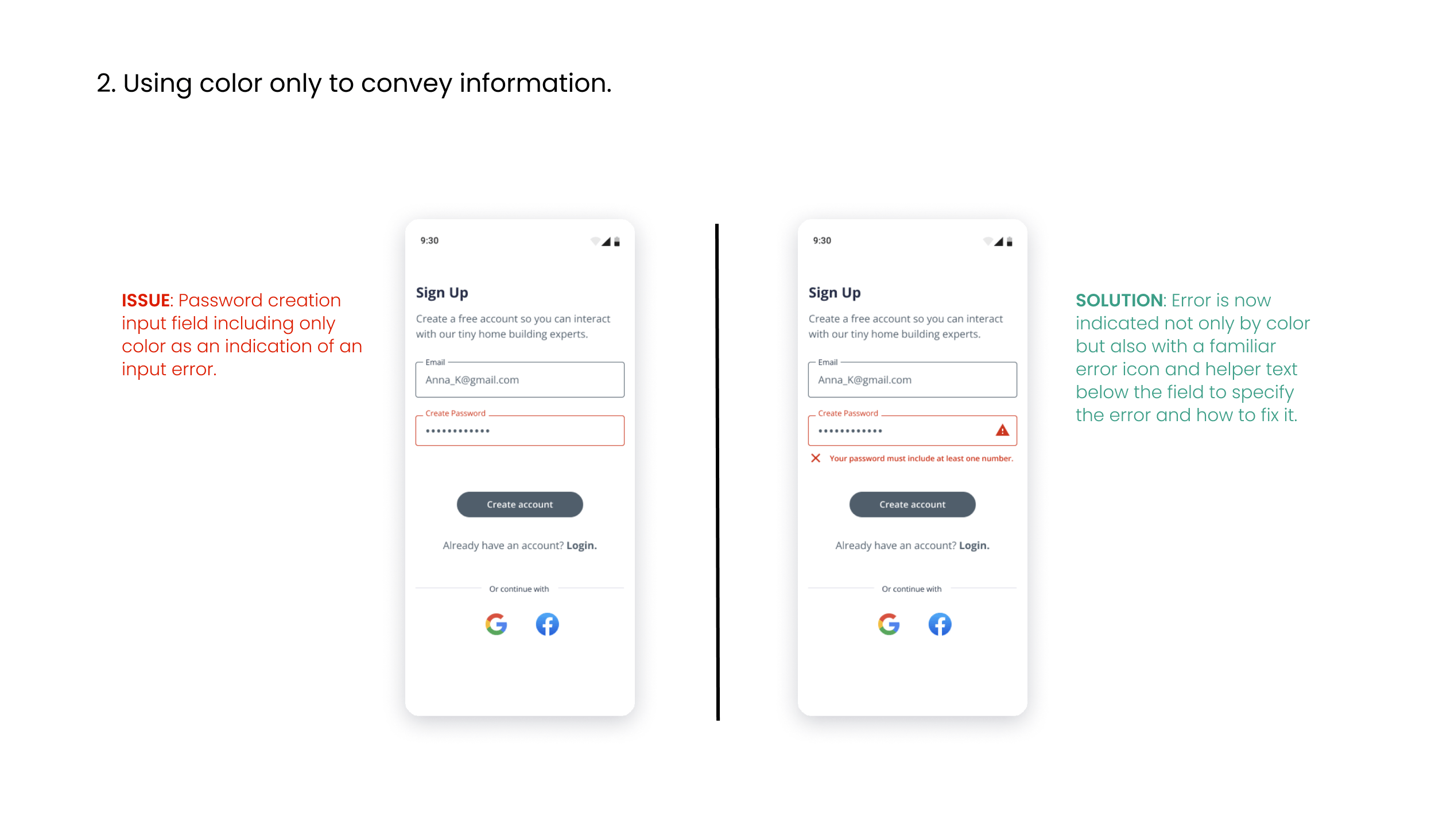Accessibility color only to convey information issue and solution screens