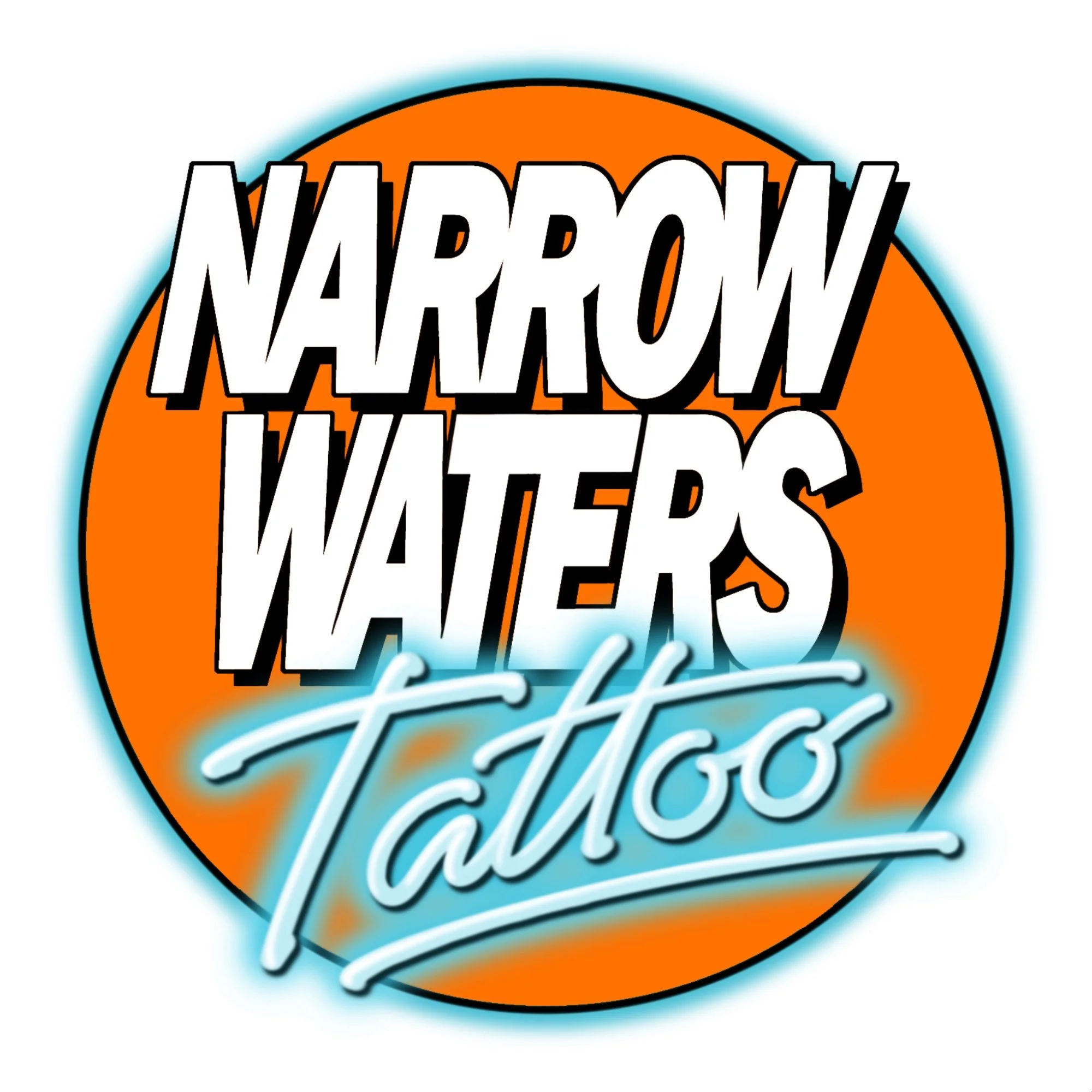 Logo for Narrow Waters Tattoo with bold white text on an orange background and neon blue script text.