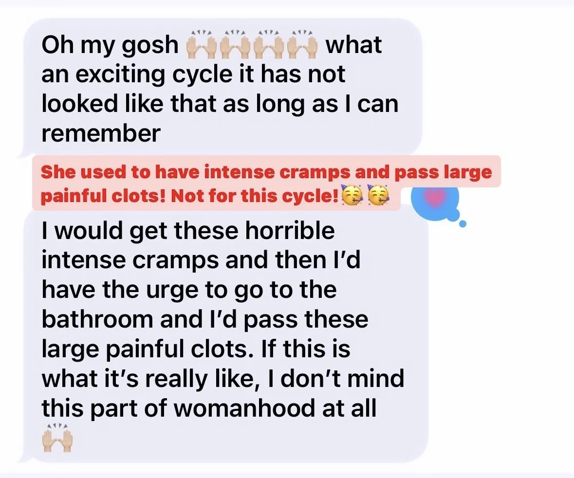testimonial. excited about period. no more horrible cramps. no painful clots. htma kind heart lifestyle mineral balancing