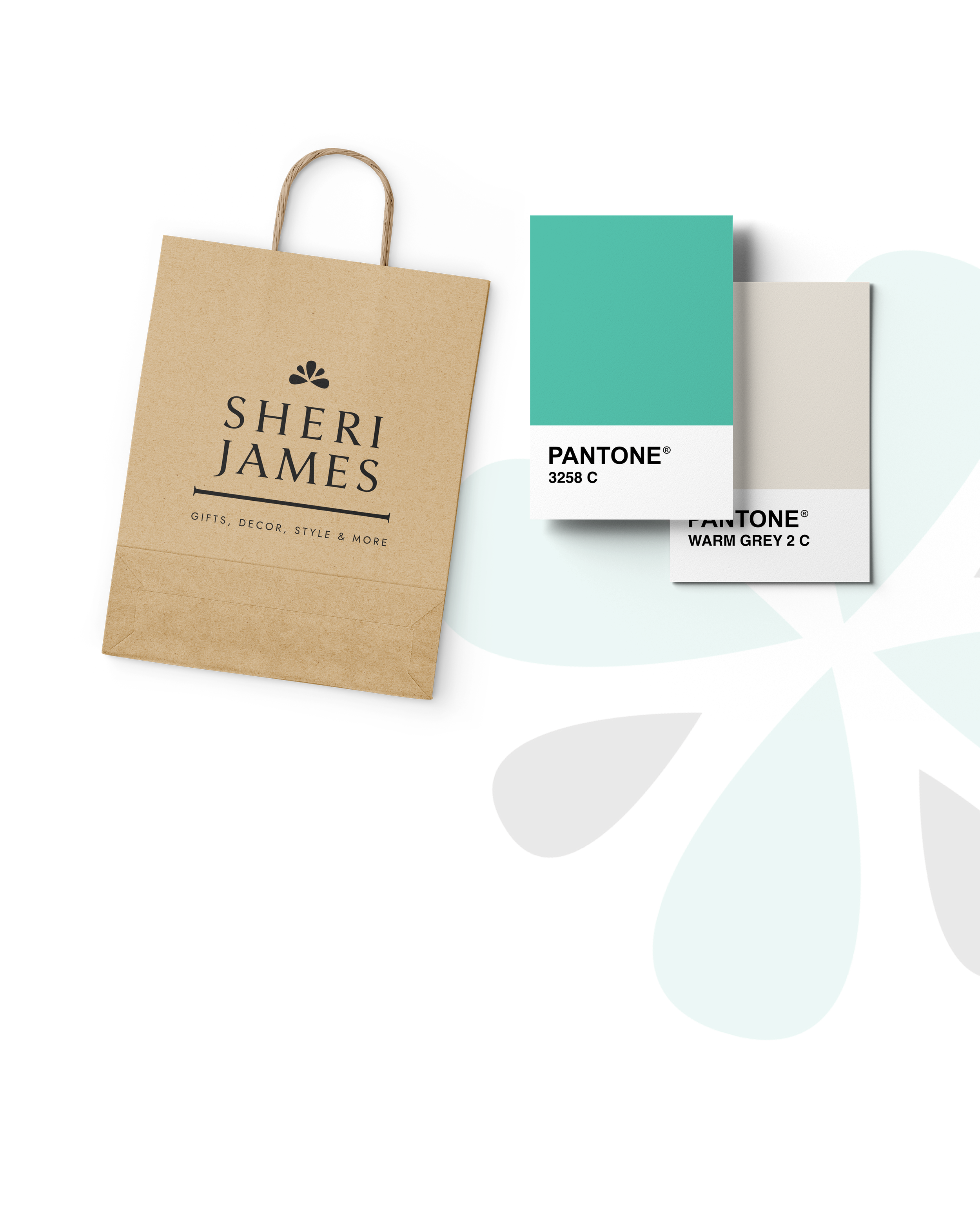 A color palette swatch with shades of teal, warm grey, and various patterns, along with a Sheri James gift bag on a black background.