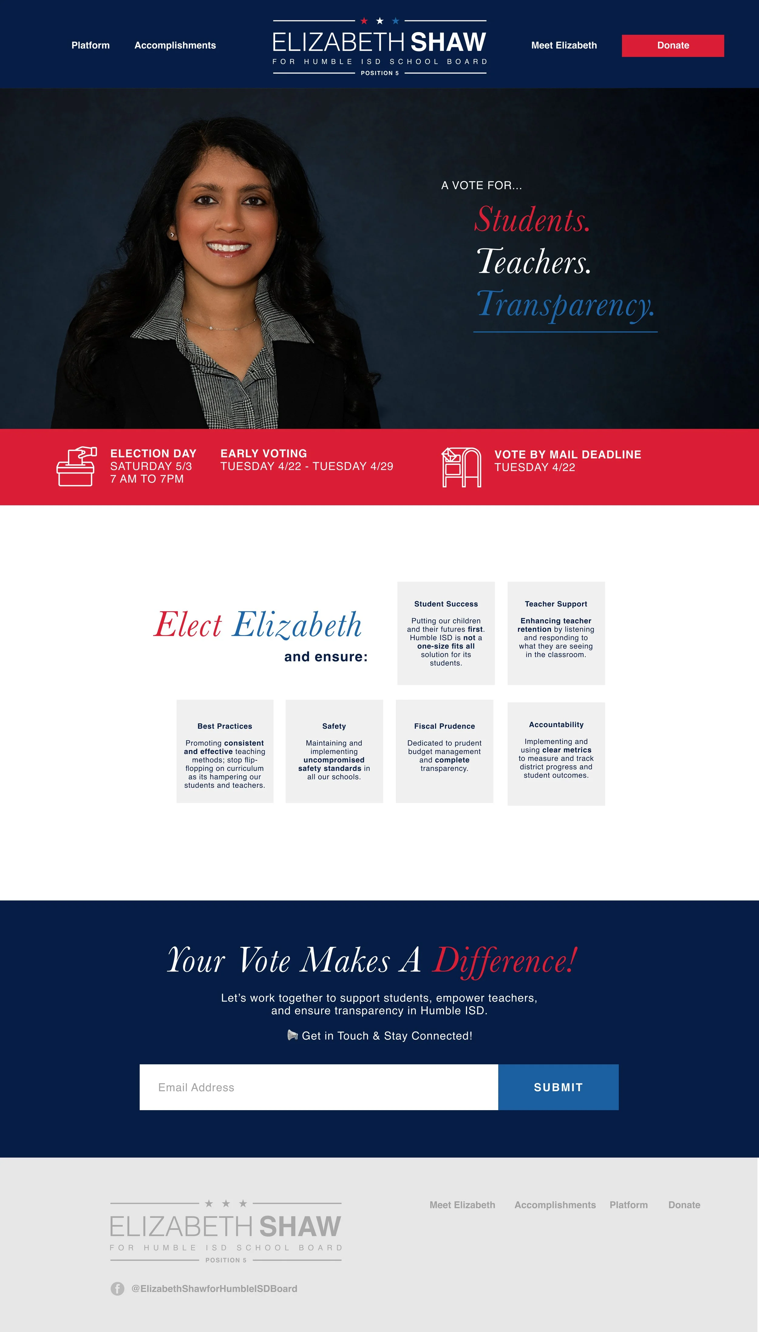 Political campaign website for Elizabeth Shaw, a candidate for Humble ISD School Board. Features a portrait of Elizabeth Shaw, campaign slogan emphasizing support for students, teachers, and transparency, and information about election day, early voting, and mail-in vote deadlines. Contains sections on election priorities, supporting student success, teacher support, and a call to action for voting and staying connected, including a form to submit an email address.