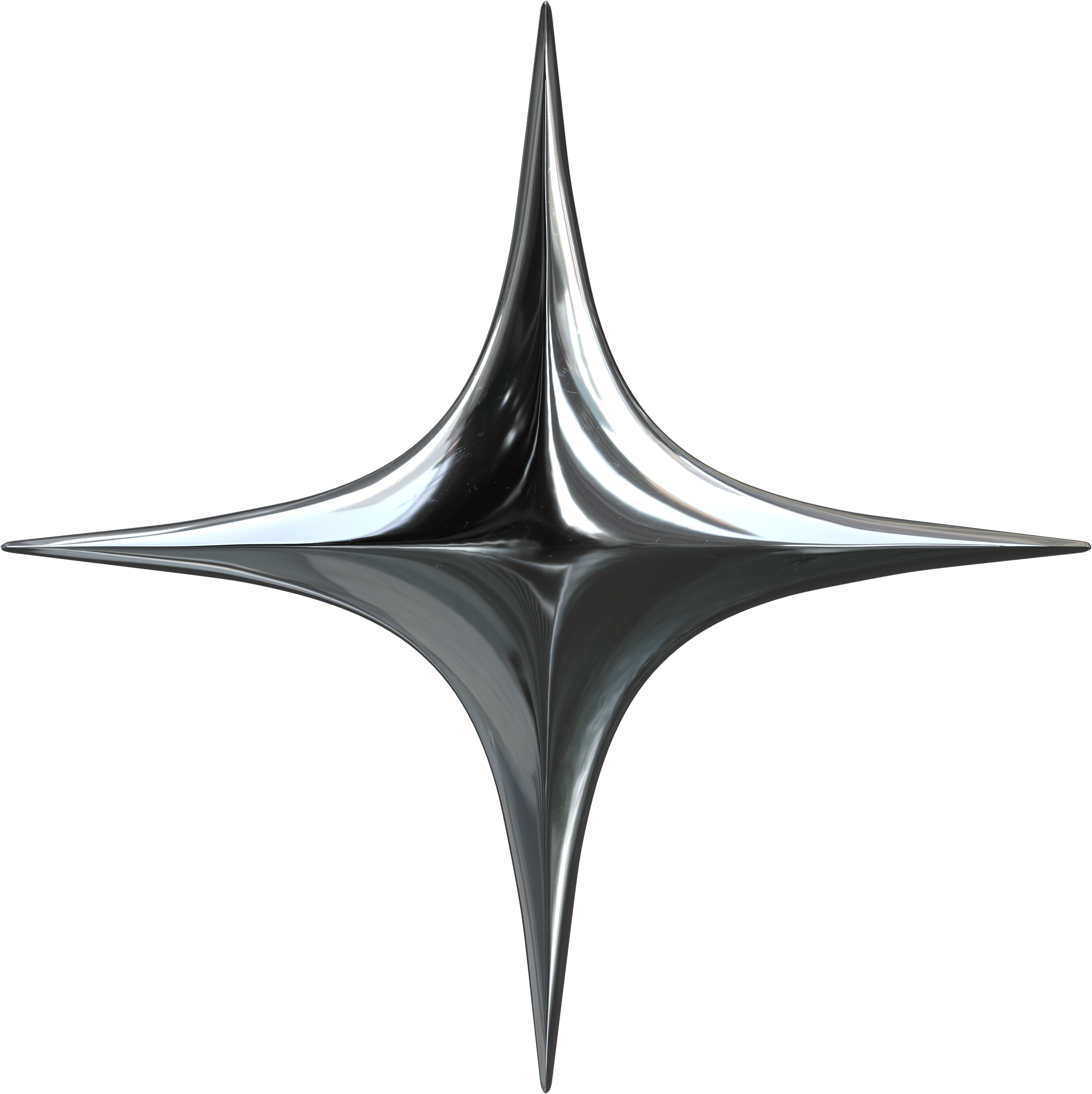 A shiny, metallic four-pointed star-like shape with elongated points, reflected on a black surface.