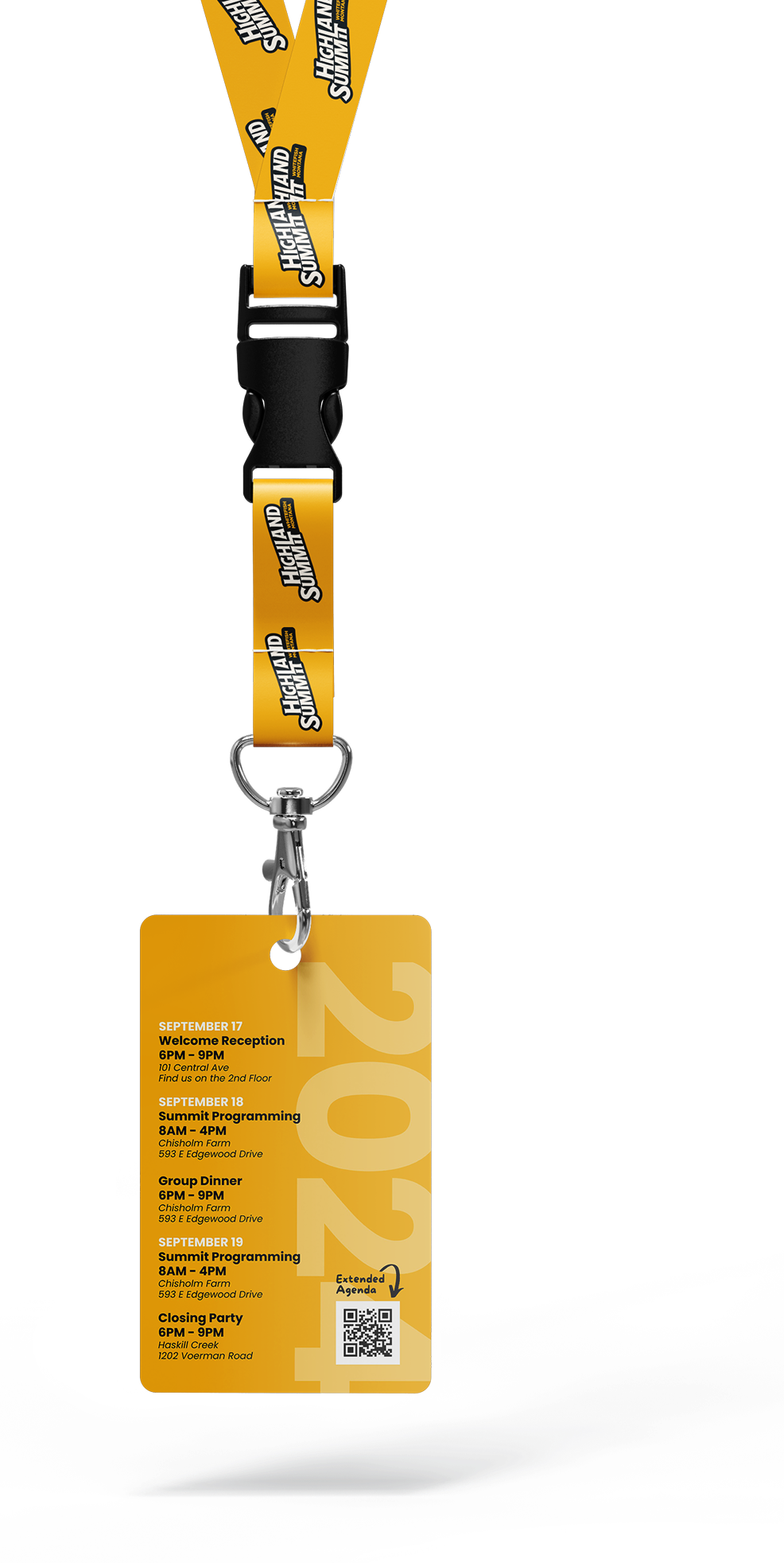 A yellow event badge with a QR code and schedule for the Highland Summit, hanging from a black and yellow lanyard.