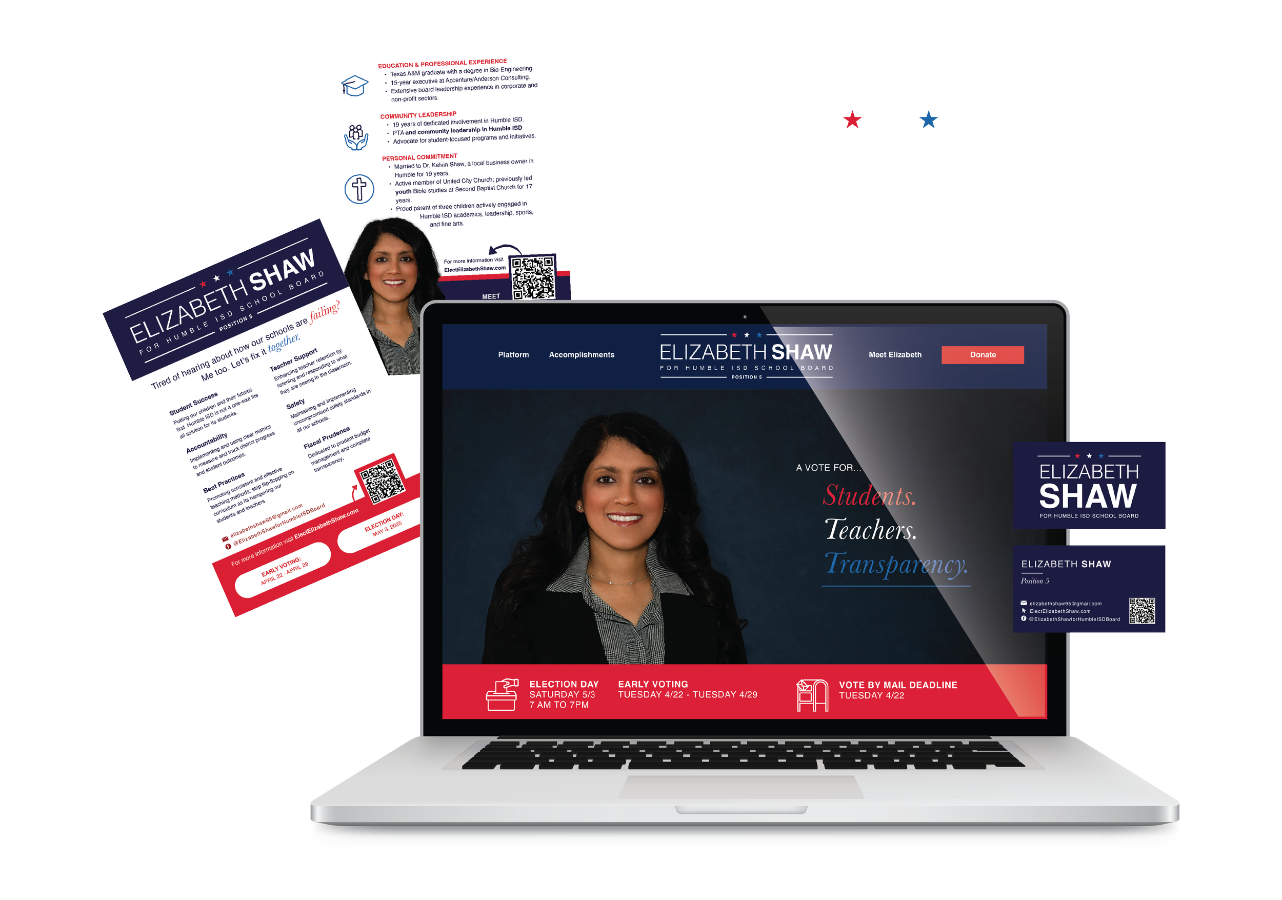 Campaign image for Elizabeth Shaw's school board run featuring her portrait on a laptop screen, campaign flyers, and business card with her contact information and campaign dates.
