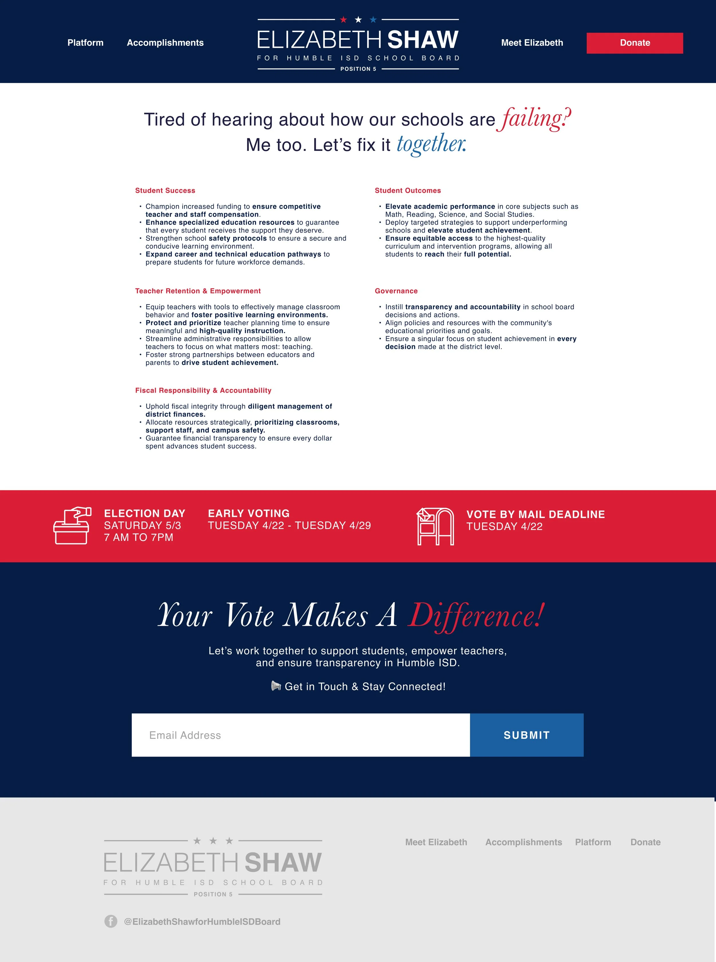 A political campaign flyer for Elizabeth Shaw, a candidate for Humble ISD School Board, Position 5. The flyer promotes voting with details about election day, early voting, and mail-in voting deadlines. It emphasizes supporting students, empowering teachers, and ensuring transparency in Humble ISD.