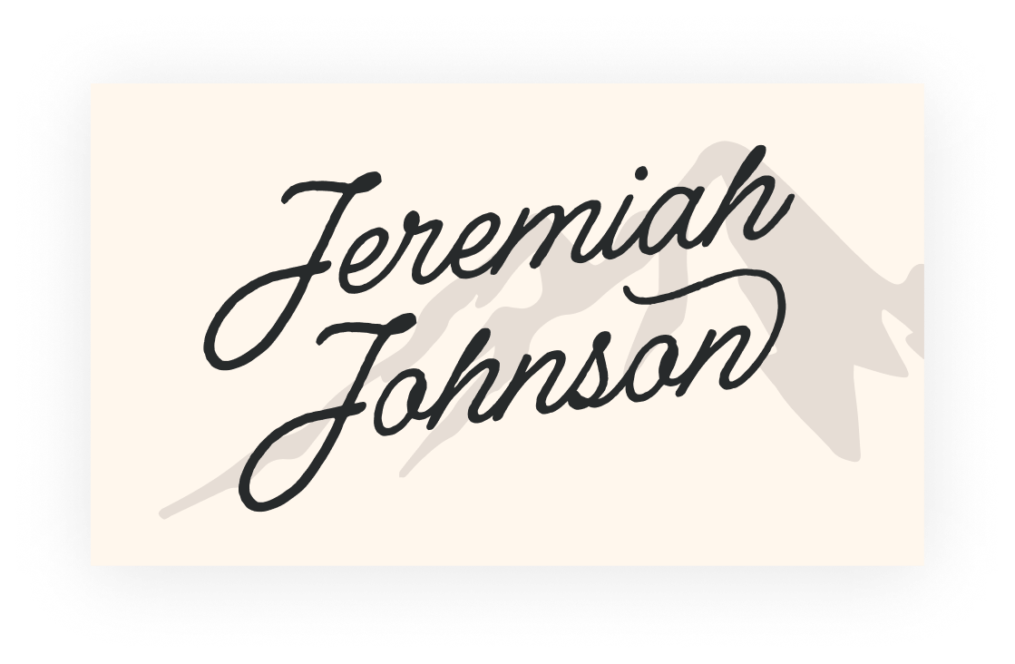 Stylized text with the name 'Jeremiah Johnson' over a faint mountain outline, on a beige background.