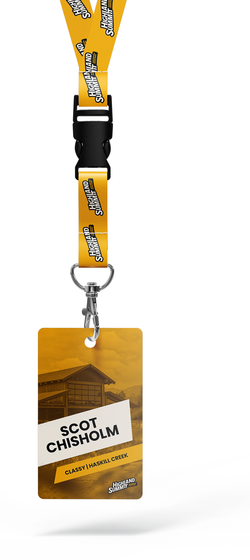 Lanyard with certification badge for Scotland Chisholm, Highland Summit event, Haskill Creek, showing a building and landscape in the background.