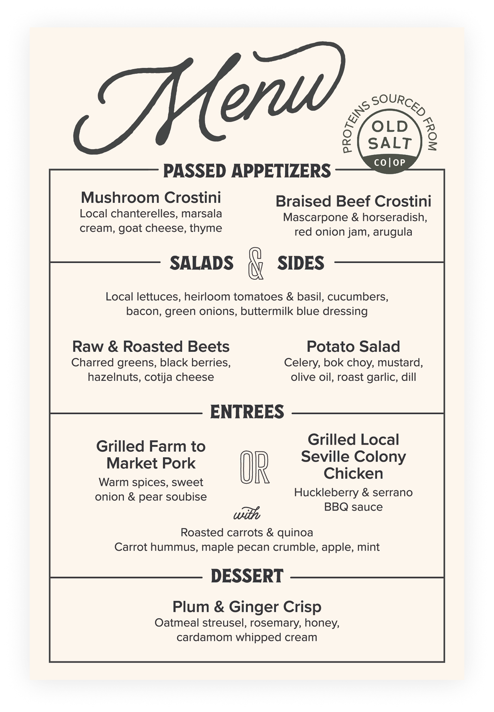A restaurant menu with sections forPassed Appetizers, Salads & Sides, Entrees, and Dessert, featuring dishes like Mushroom Crostini, Braised Beef Crostini, and grilled local Seville Colony Chicken.