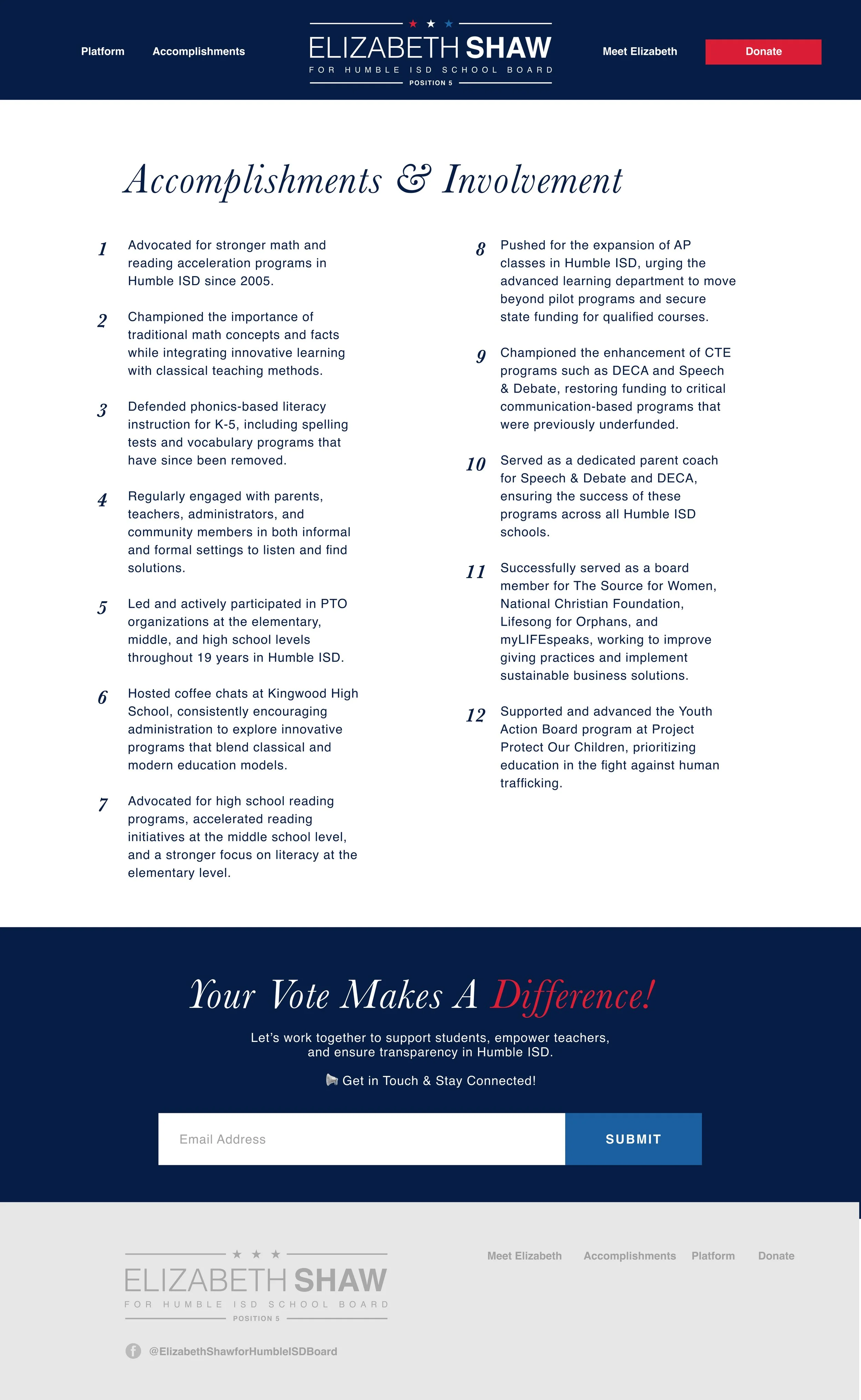A digital campaign poster for Elizabeth Shaw running for Humble ISD School Board, position 5. The poster lists her accomplishments and involvement, with a blue and red color scheme. It features a donation button, a call to action to stay connected via email, and her social media handle at the bottom.