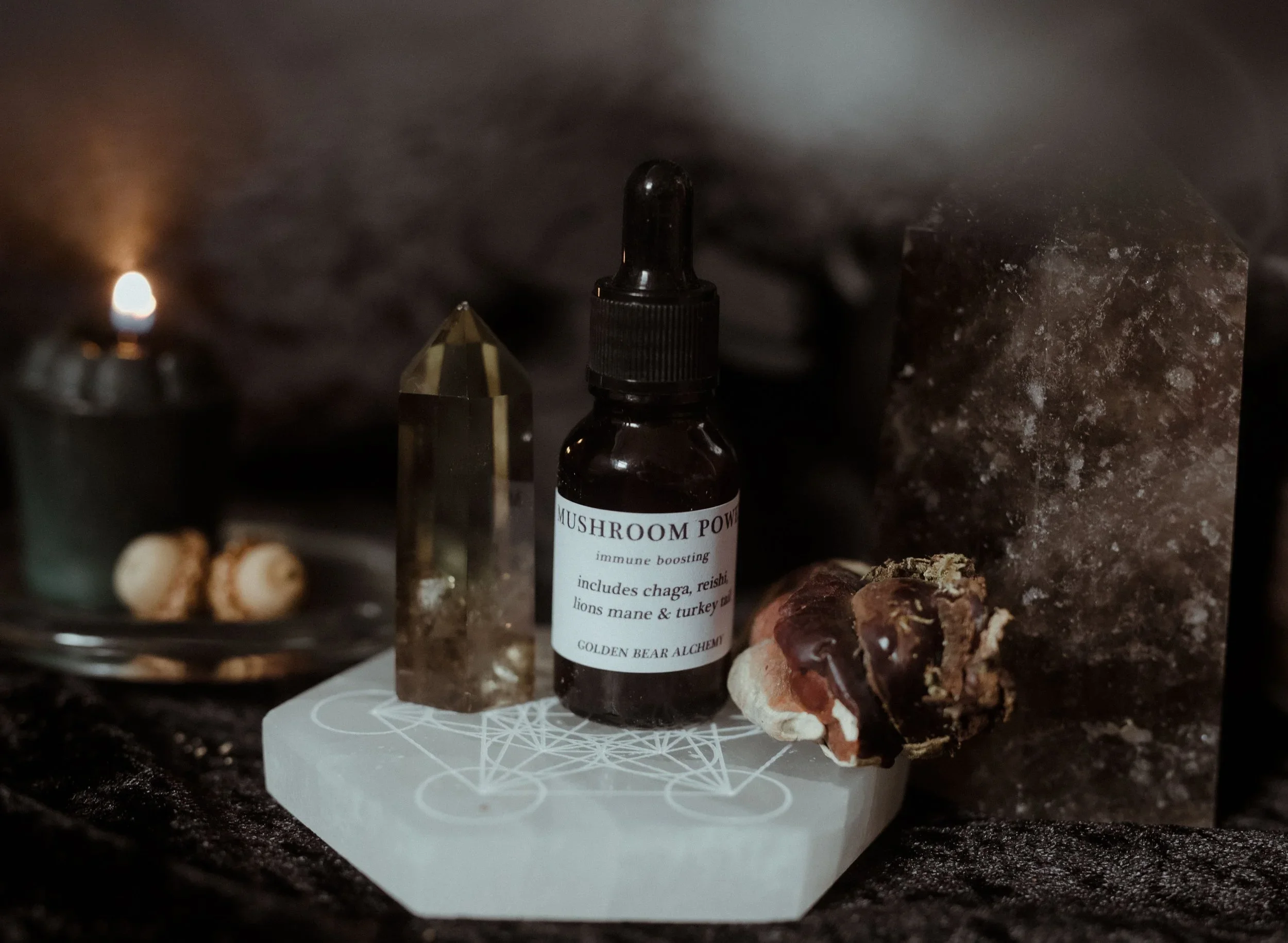 A darkly lit scene with a variety of objects including a small candle, a dropper bottle labeled 'Mushroom Magic', a clear crystal, and rocks or crystals on a dark surface.