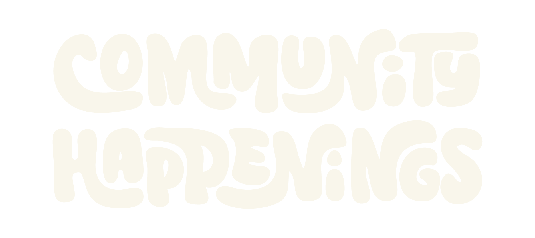 Text that reads 'Community Happenings' in a stylized, bubbly font.
