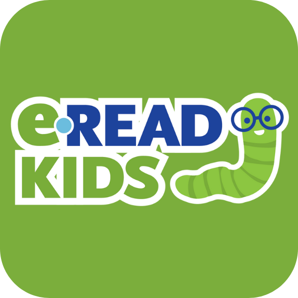 The eRead Kids logo, featuring the words 'eREAD KIDS' in white and blue text next to a smiling green cartoon bookworm wearing glasses, all set against a bright green rounded square.