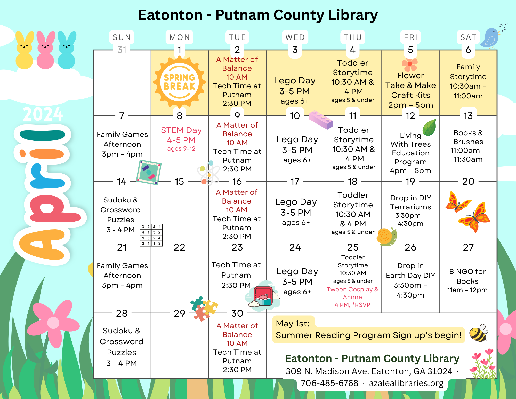 Spring Into Reading: April Picks &amp; Programs at Eatonton-Putnam County Library.