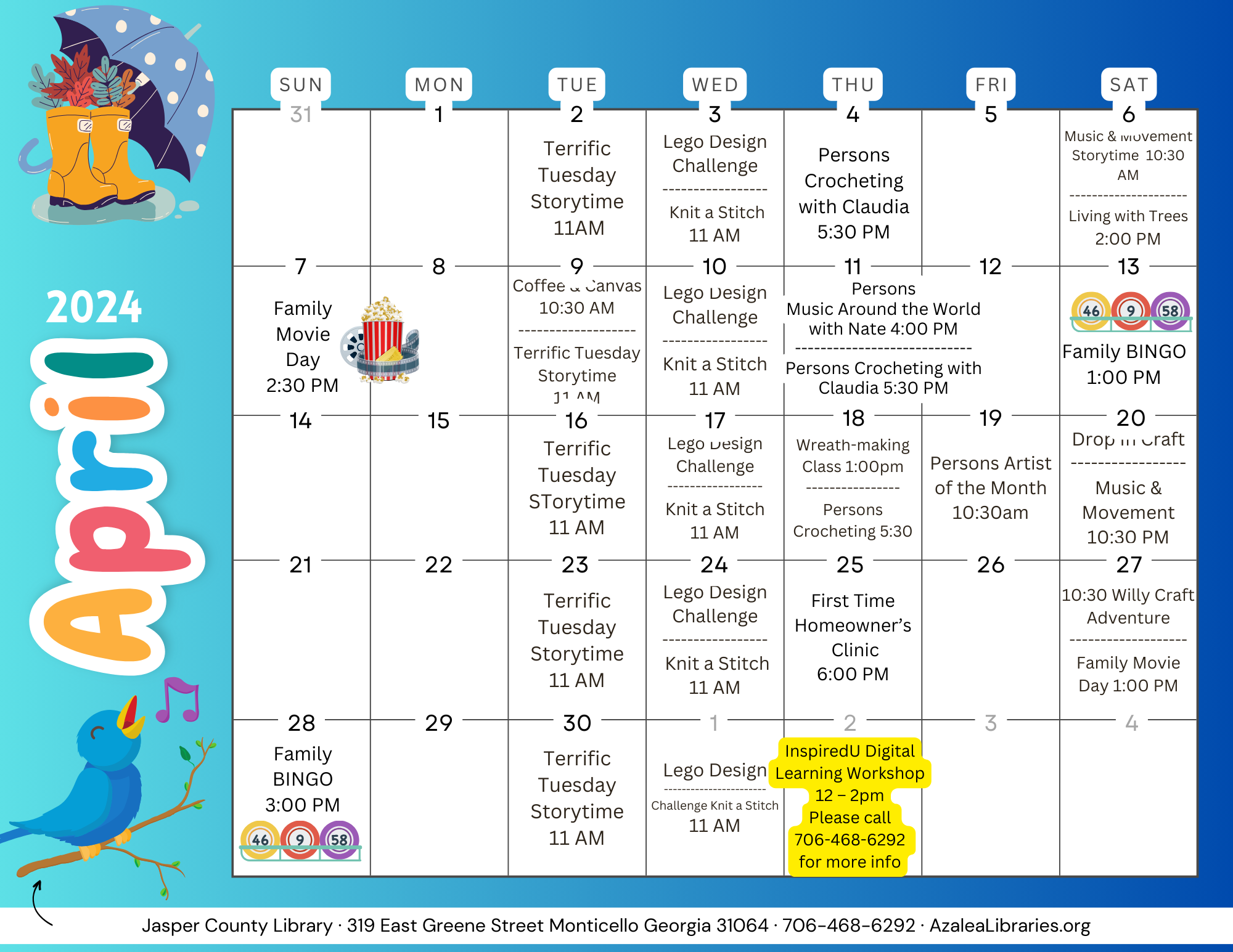 Spring Into Reading: April Picks &amp; Programs at Jasper County Library.