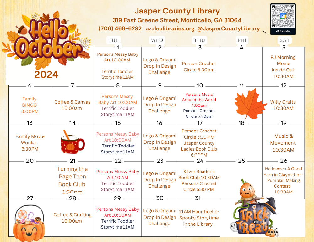 Hello, October! Get ready for a fun-filled month at the Jasper County Library! 