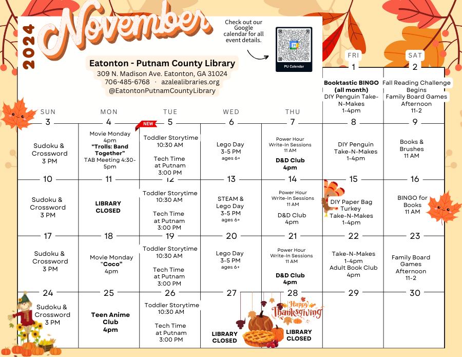 Get Ready for a Cozy November at Eatonton-Putnam County Library!